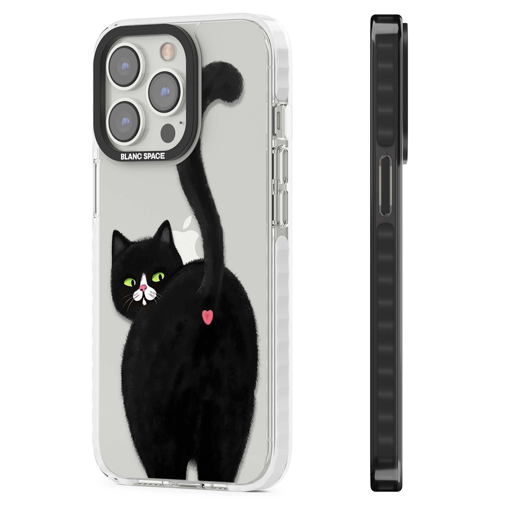 The Cat's Kiss cute cat iPhone case featuring a hand-painted tuxedo kitty with green eyes and a pink heart on a clear | Clear Impact case for iPhone 13 Pro, iPhone 14 Pro, iPhone 15 Pro