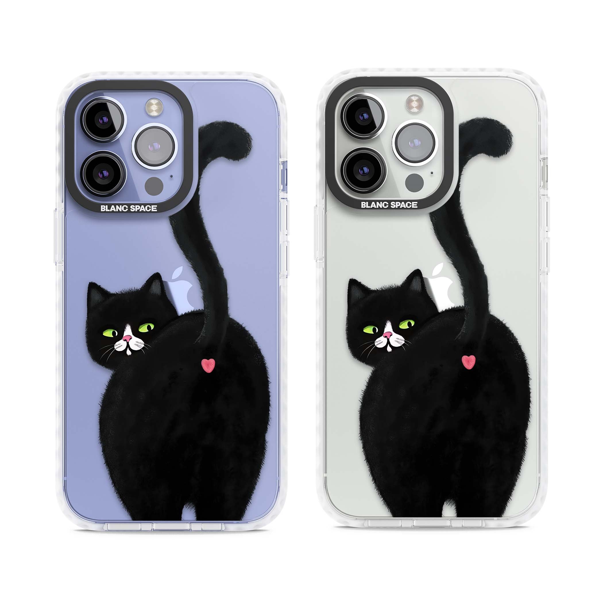 The Cat's Kiss cute cat iPhone case featuring a hand-painted tuxedo kitty with green eyes and a pink heart on a clear | Clear Impact case for iPhone 13 Pro, iPhone 14 Pro, iPhone 15 Pro