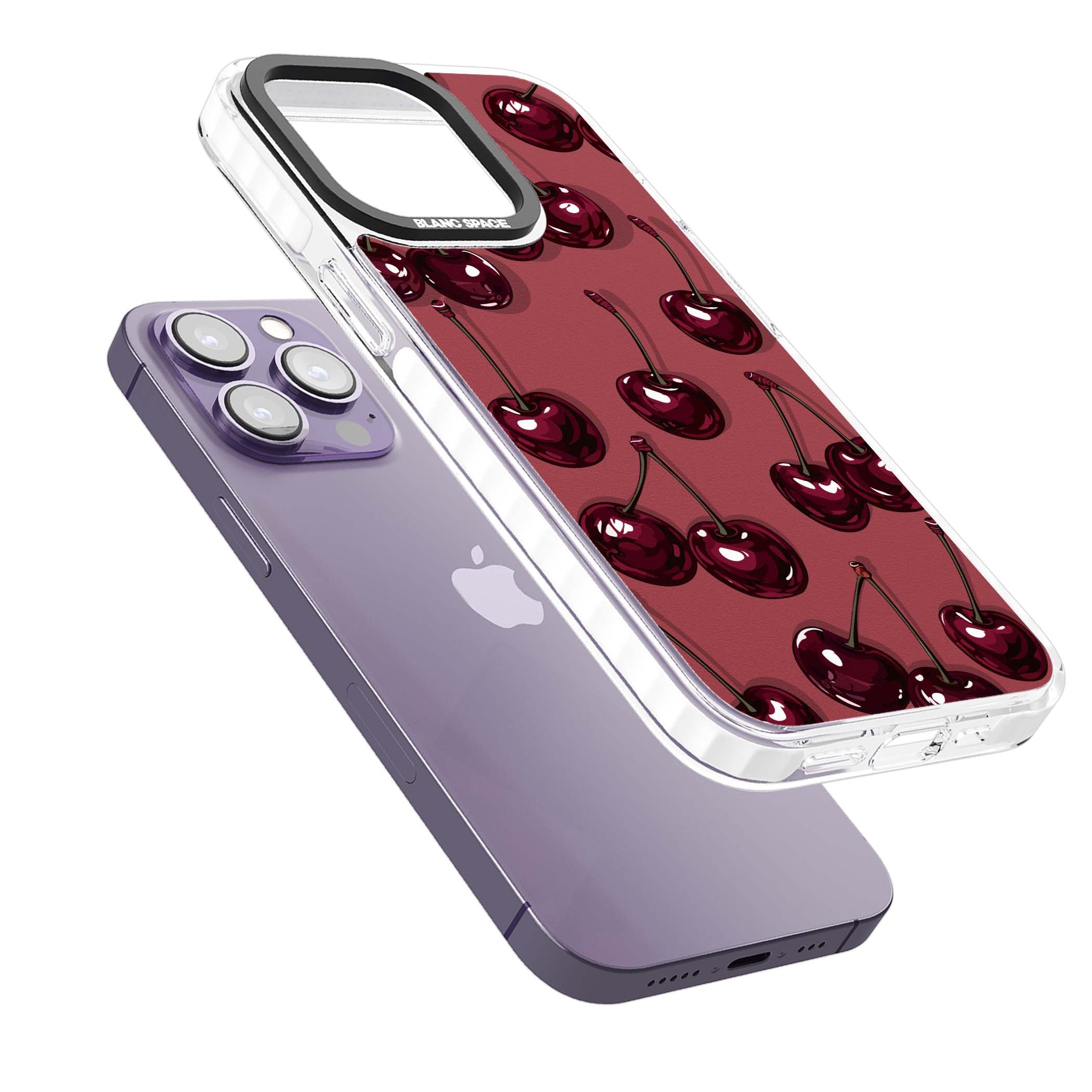 Cherry Rebel coquette iPhone case featuring glossy burgundy cherries on a dusty rose background | Clear Impact case for iPhone 13 Pro, iPhone 14 Pro, iPhone 15 Pro