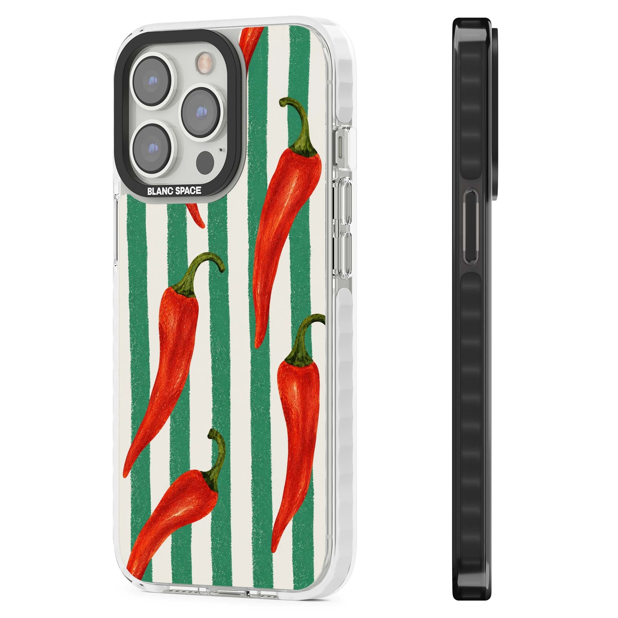 Striped Chillis coastal iPhone case featuring hand-painted red chili peppers on green and cream stripes | Clear Impact case for iPhone 13 Pro, iPhone 14 Pro, iPhone 15 Pro