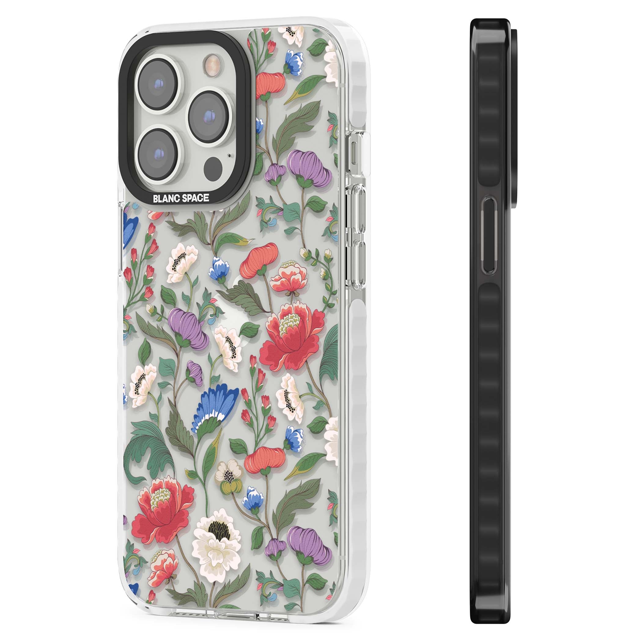 Chinoiserie Bloom vintage floral iPhone case featuring hand-painted peonies, poppies and trailing wildflowers on clear... | Clear Impact case for iPhone 13 Pro, iPhone 14 Pro, iPhone 15 Pro