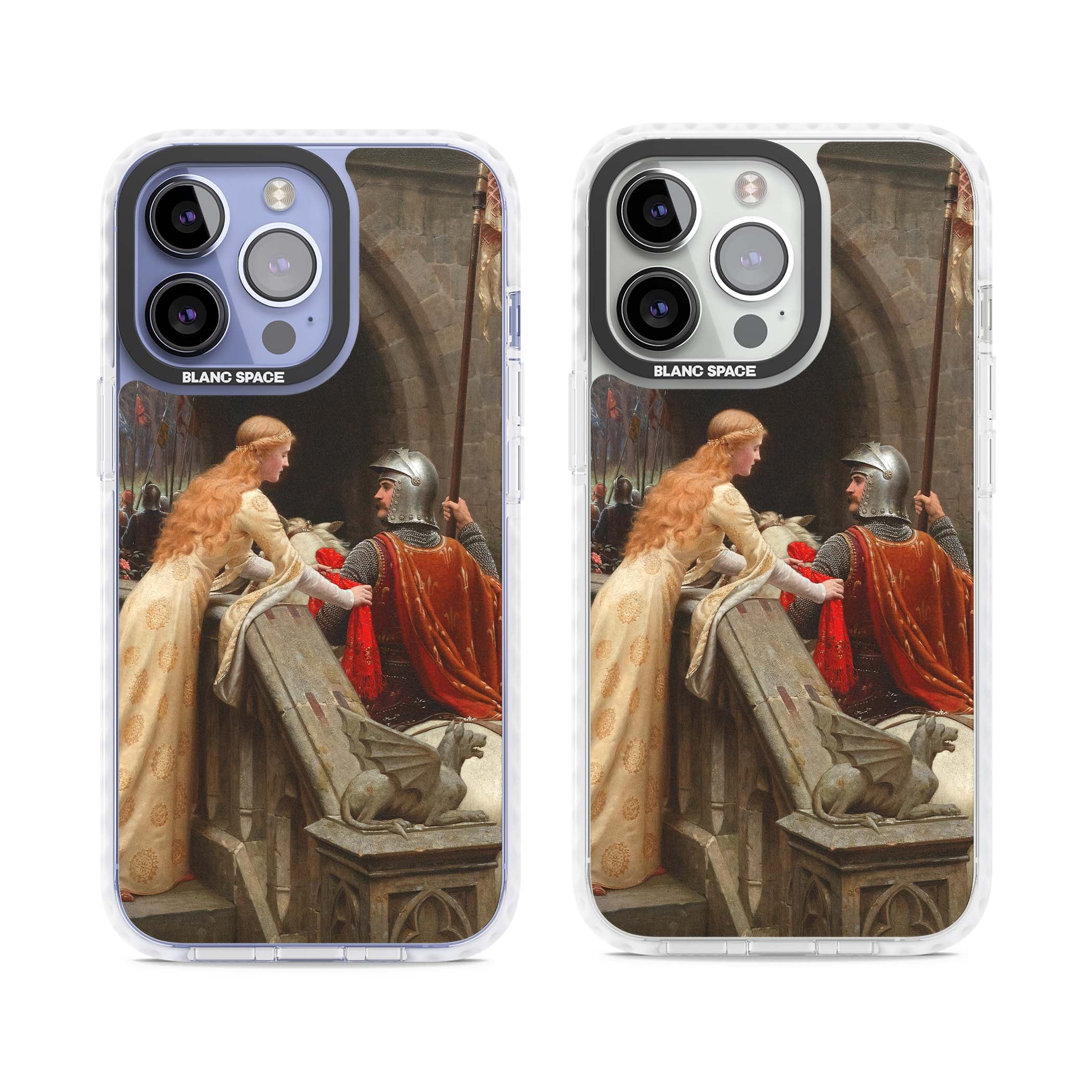 God Speed fine art iPhone case featuring Edmund Blair Leighton's medieval knight and lady beneath a stone archway | Clear Impact case for iPhone 13 Pro, iPhone 14 Pro, iPhone 15 Pro