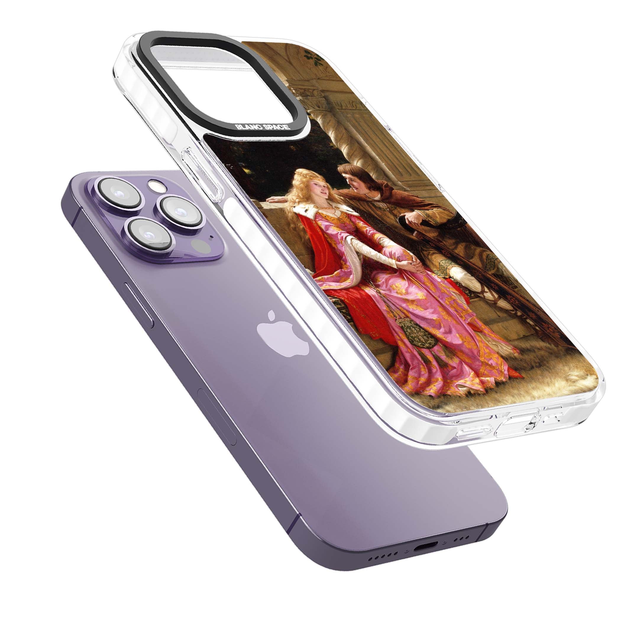 The End of the Song classic art iPhone case featuring a medieval lady in pink gown and her knight in a stone archway | Clear Impact case for iPhone 13 Pro, iPhone 14 Pro, iPhone 15 Pro