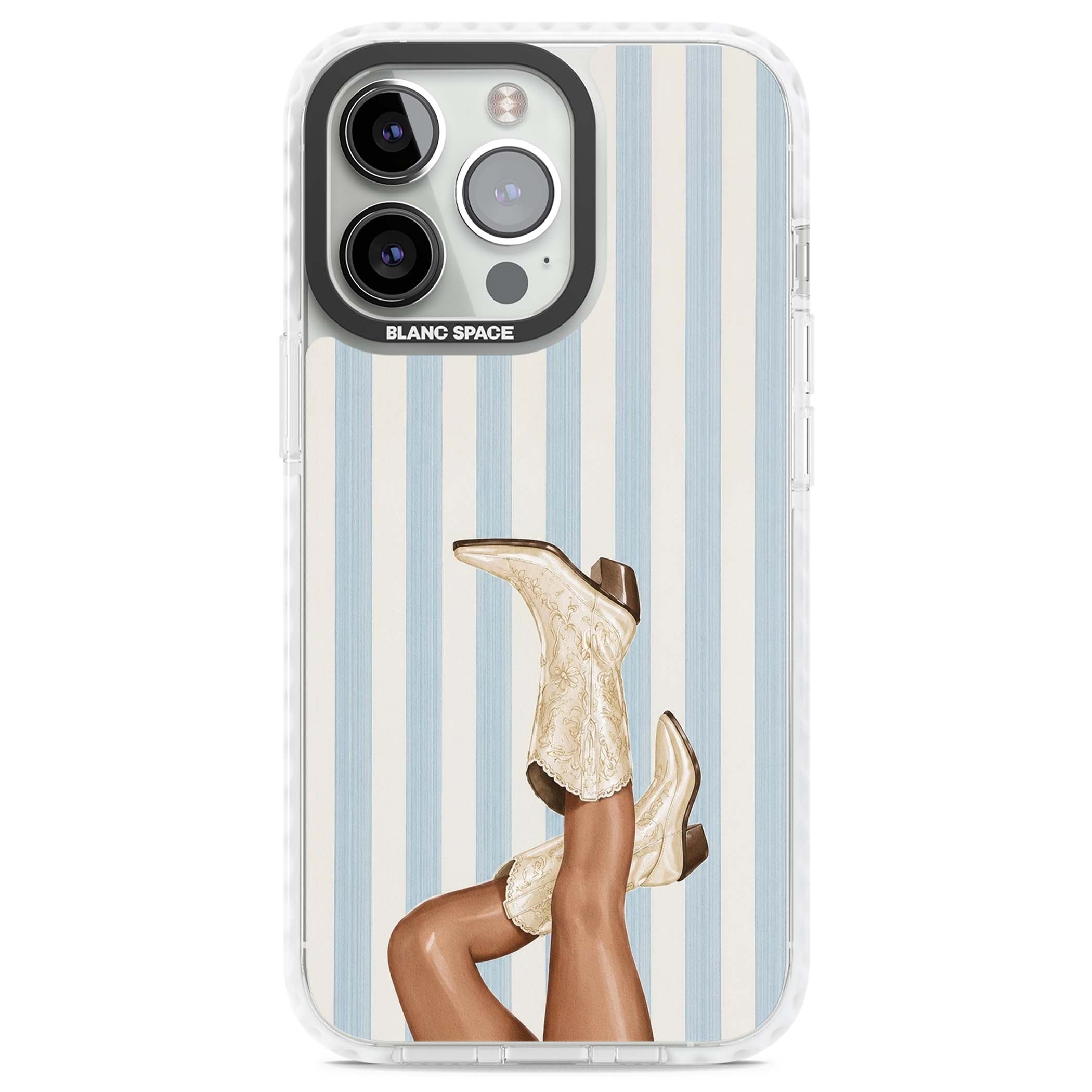 Cowgirl Boots coastal cowgirl iPhone case featuring embroidered western boots, tanned legs and a blue stripe backdrop | Clear Impact case for iPhone 13 Pro, iPhone 14 Pro, iPhone 15 Pro