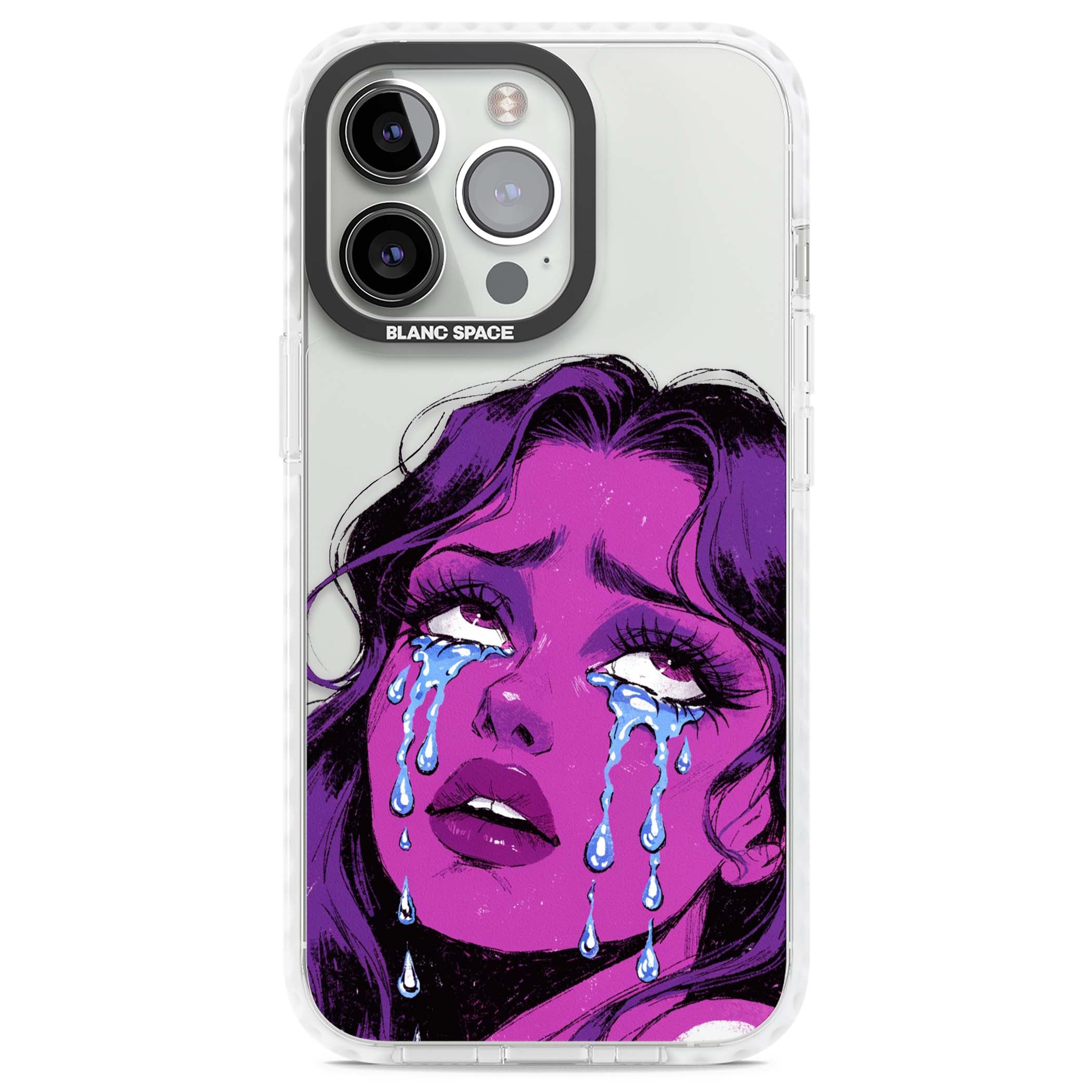 Drama Queen pop art iPhone case featuring a purple crying comic girl with blue tears | Clear Impact case for iPhone 13 Pro, iPhone 14 Pro, iPhone 15 Pro