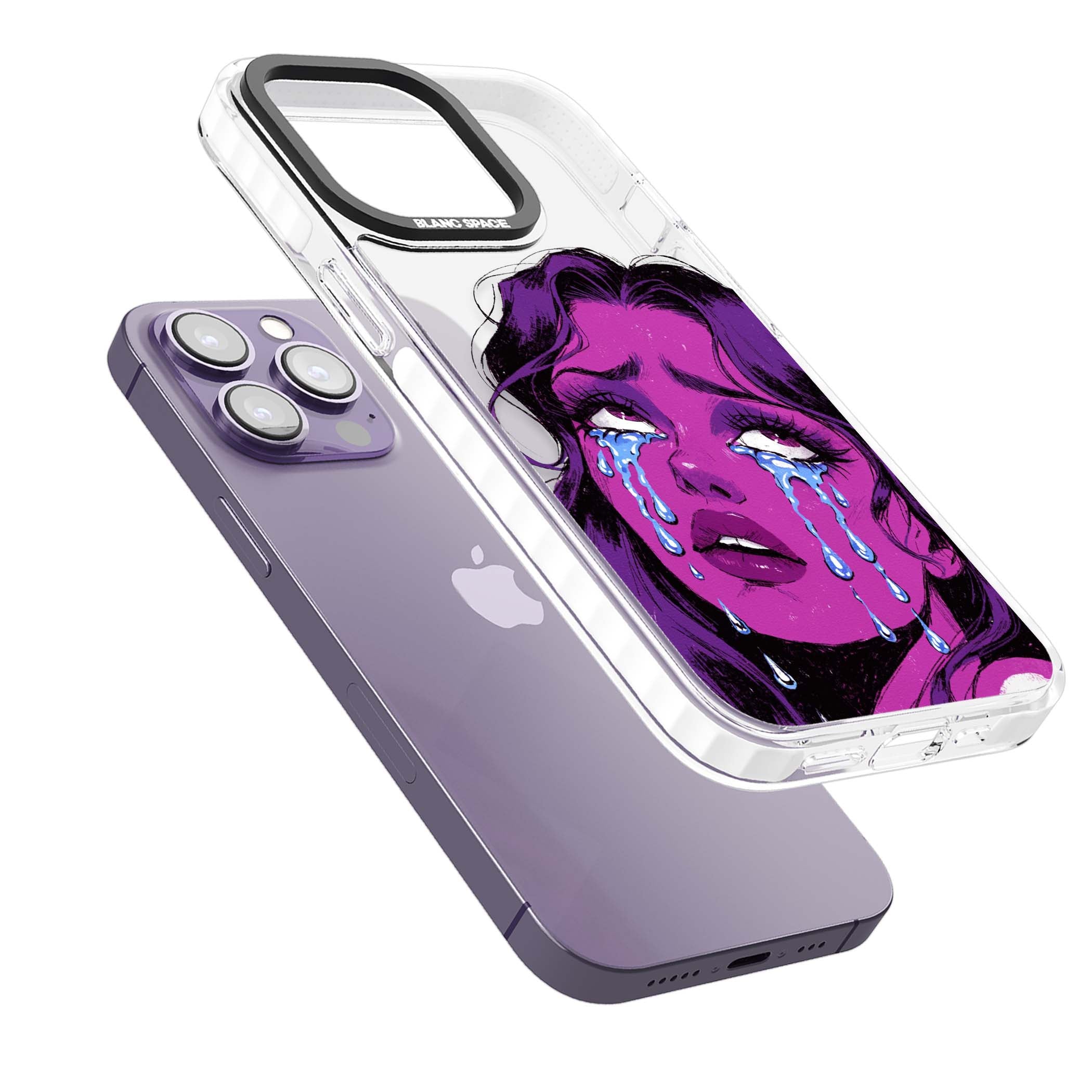 Drama Queen pop art iPhone case featuring a purple crying comic girl with blue tears | Clear Impact case for iPhone 13 Pro, iPhone 14 Pro, iPhone 15 Pro