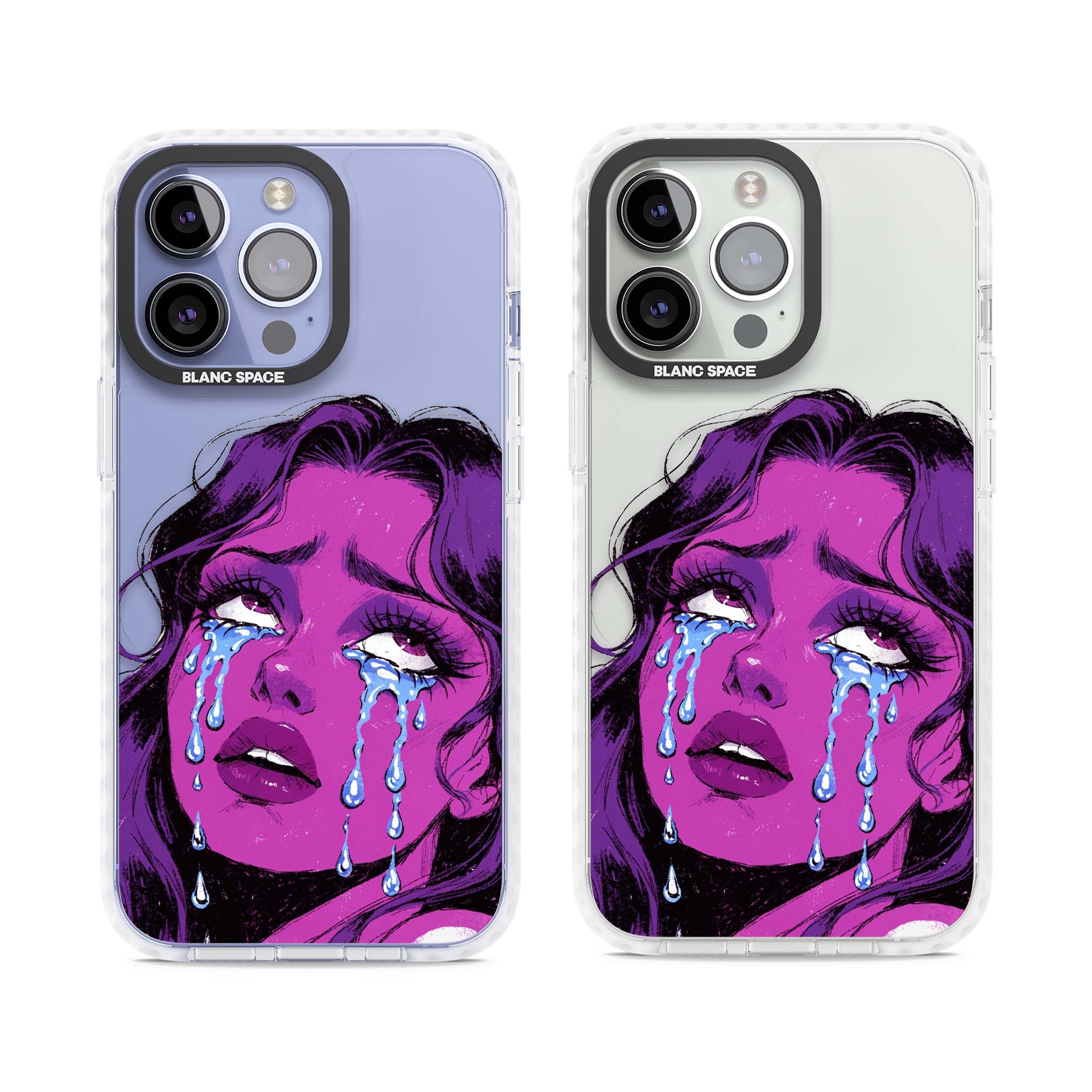 Drama Queen pop art iPhone case featuring a purple crying comic girl with blue tears | Clear Impact case for iPhone 13 Pro, iPhone 14 Pro, iPhone 15 Pro