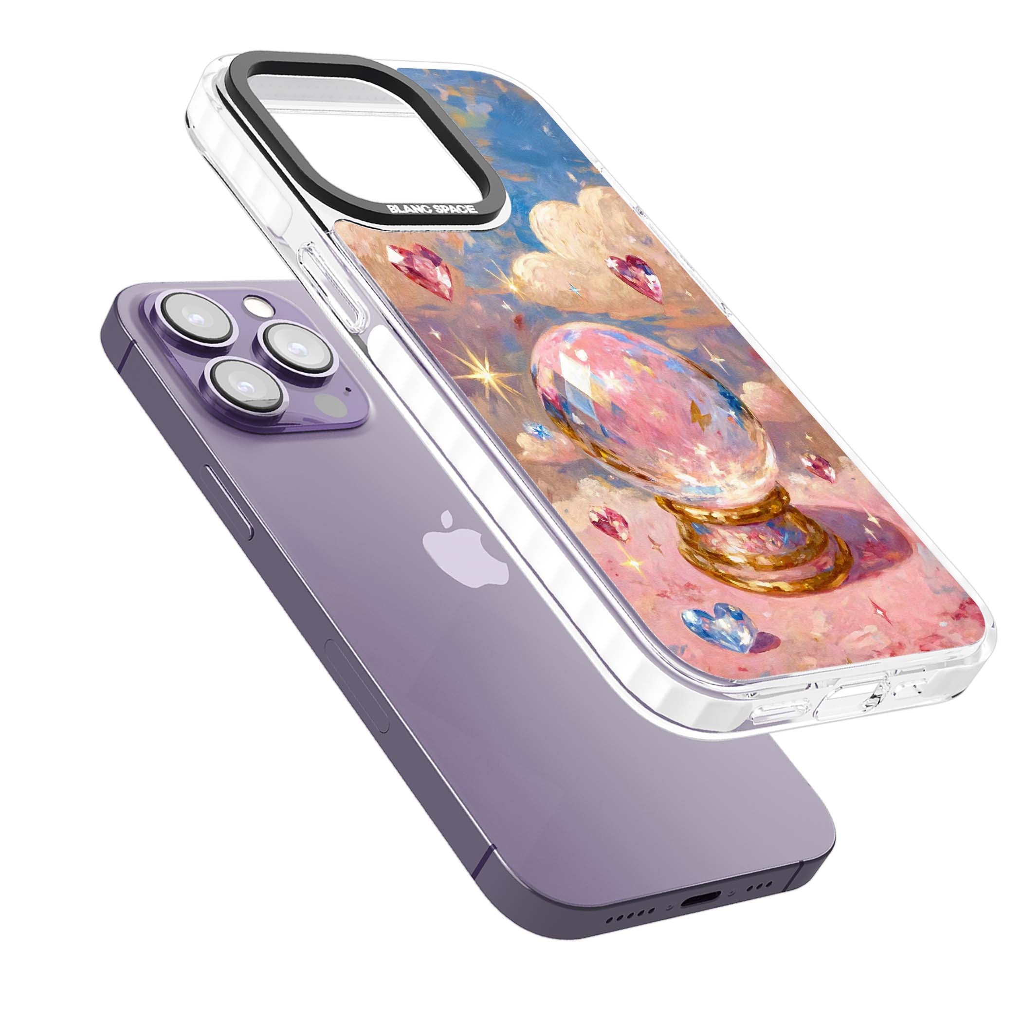 Crystal Ball fairycore iPhone case featuring a painted crystal ball, heart gemstones, and pastel clouds | Clear Impact case for iPhone 13 Pro, iPhone 14 Pro, iPhone 15 Pro