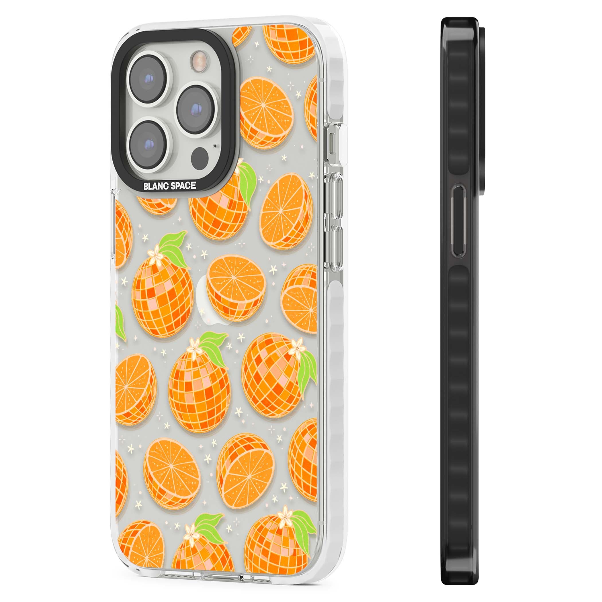 Disco Oranges retro iPhone case featuring mirrorball oranges, citrus slices and tiny blossoms on clear | Clear Impact case for iPhone 13 Pro, iPhone 14 Pro, iPhone 15 Pro