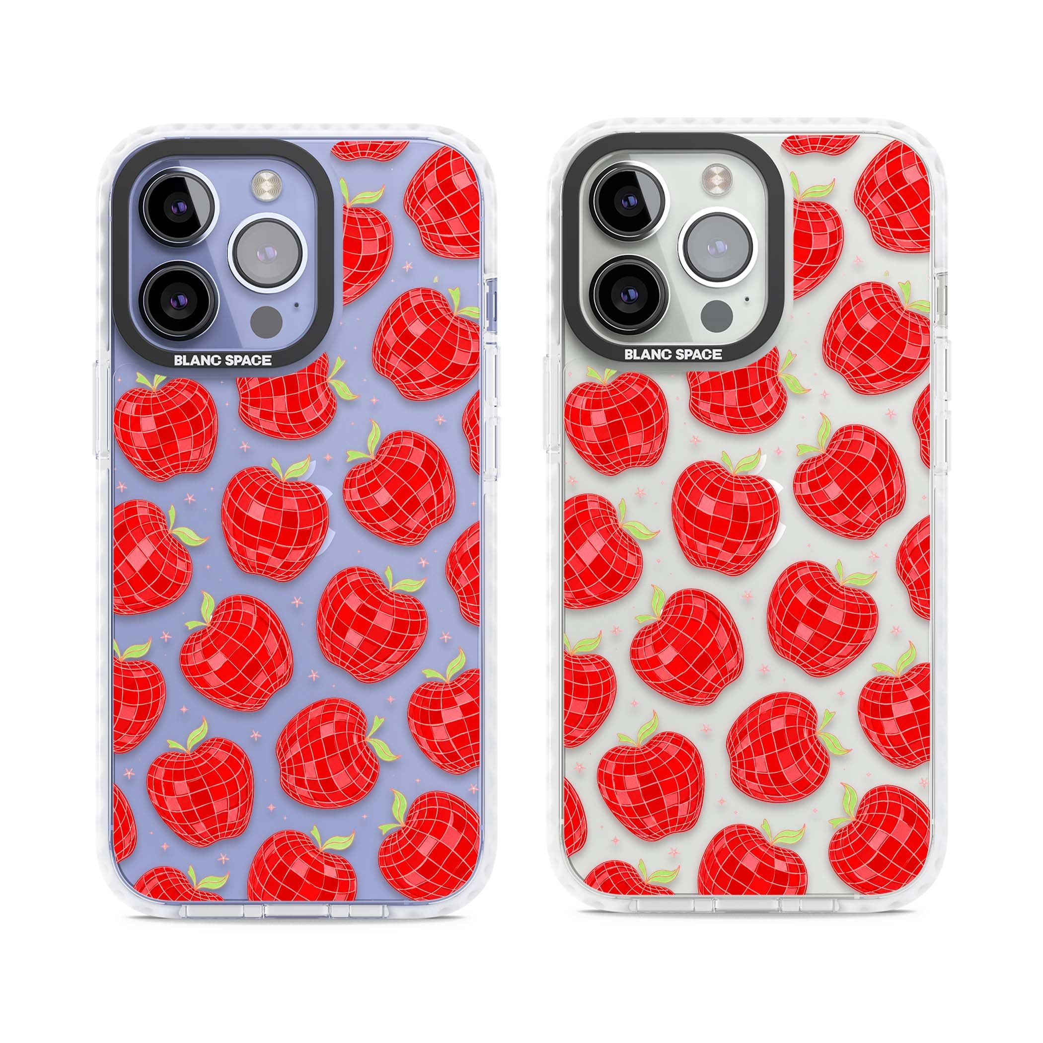 Disco Apples Y2K iPhone case featuring red disco ball apples, green leaves and pink sparkles on clear | Clear Impact case for iPhone 13 Pro, iPhone 14 Pro, iPhone 15 Pro