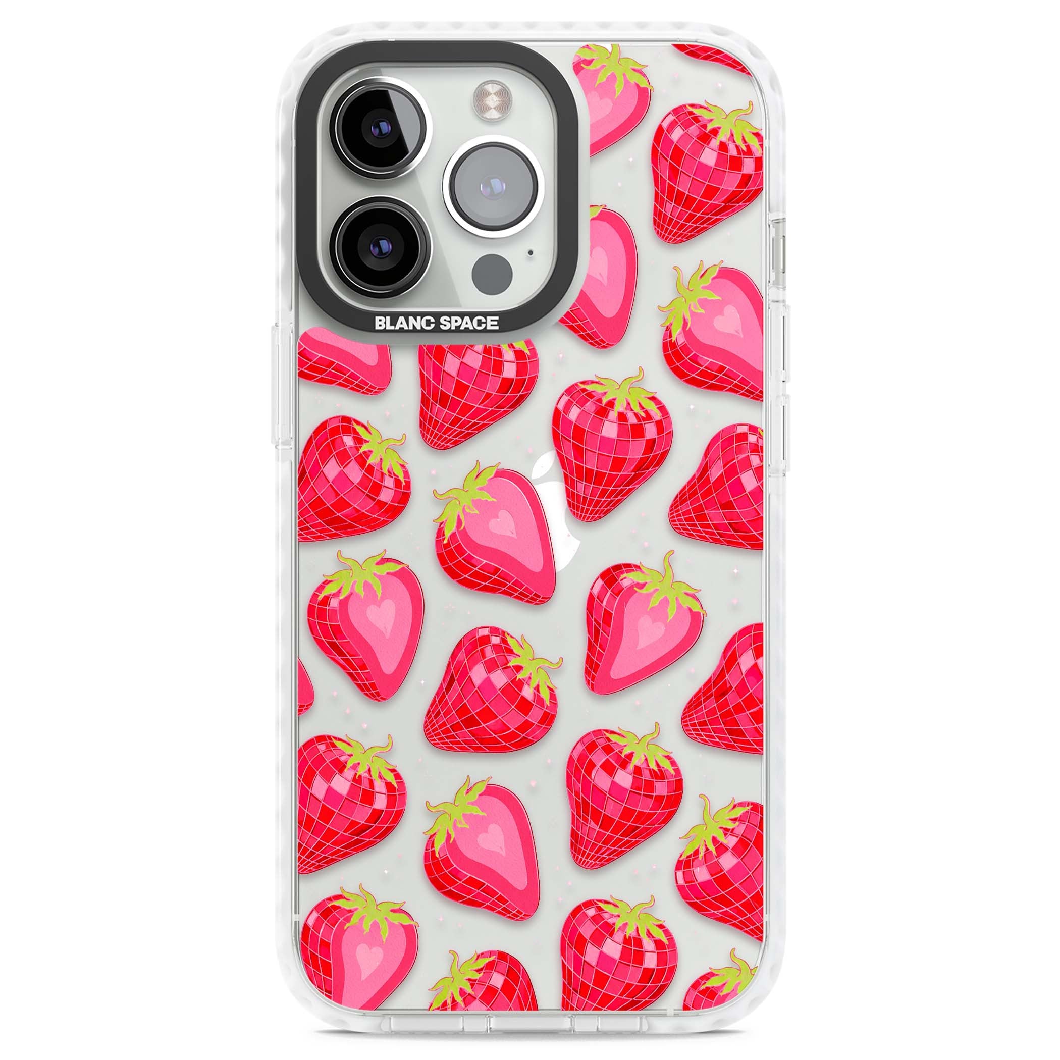 Disco Strawberry Y2K iPhone case featuring pink disco-ball strawberries, green leaves and tiny sparkles | Clear Impact case for iPhone 13 Pro, iPhone 14 Pro, iPhone 15 Pro
