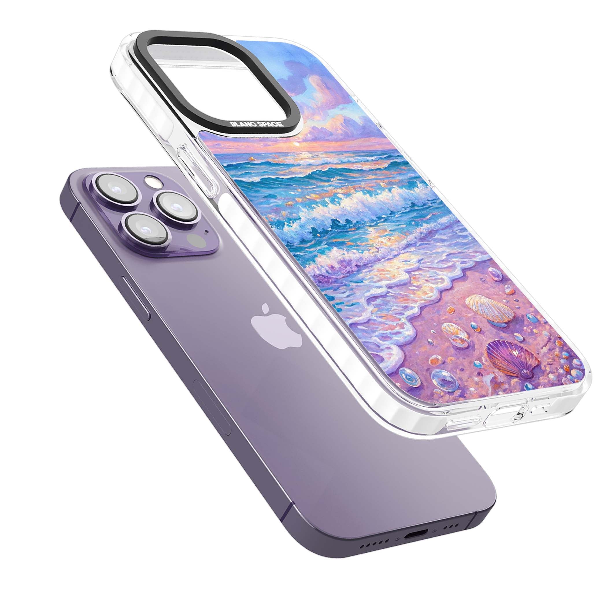 Pearl Shore coastal iPhone case featuring pastel painted waves, seashells, and a sunrise sky over a lavender beach. | Clear Impact case for iPhone 13 Pro, iPhone 14 Pro, iPhone 15 Pro