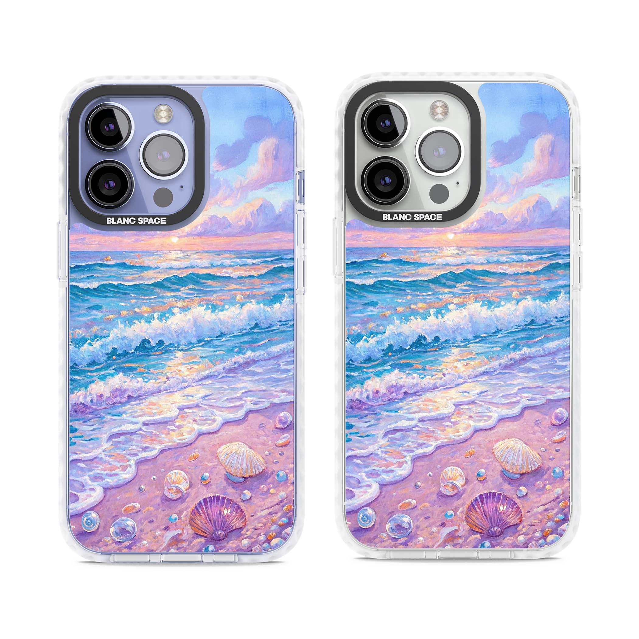 Pearl Shore coastal iPhone case featuring pastel painted waves, seashells, and a sunrise sky over a lavender beach. | Clear Impact case for iPhone 13 Pro, iPhone 14 Pro, iPhone 15 Pro
