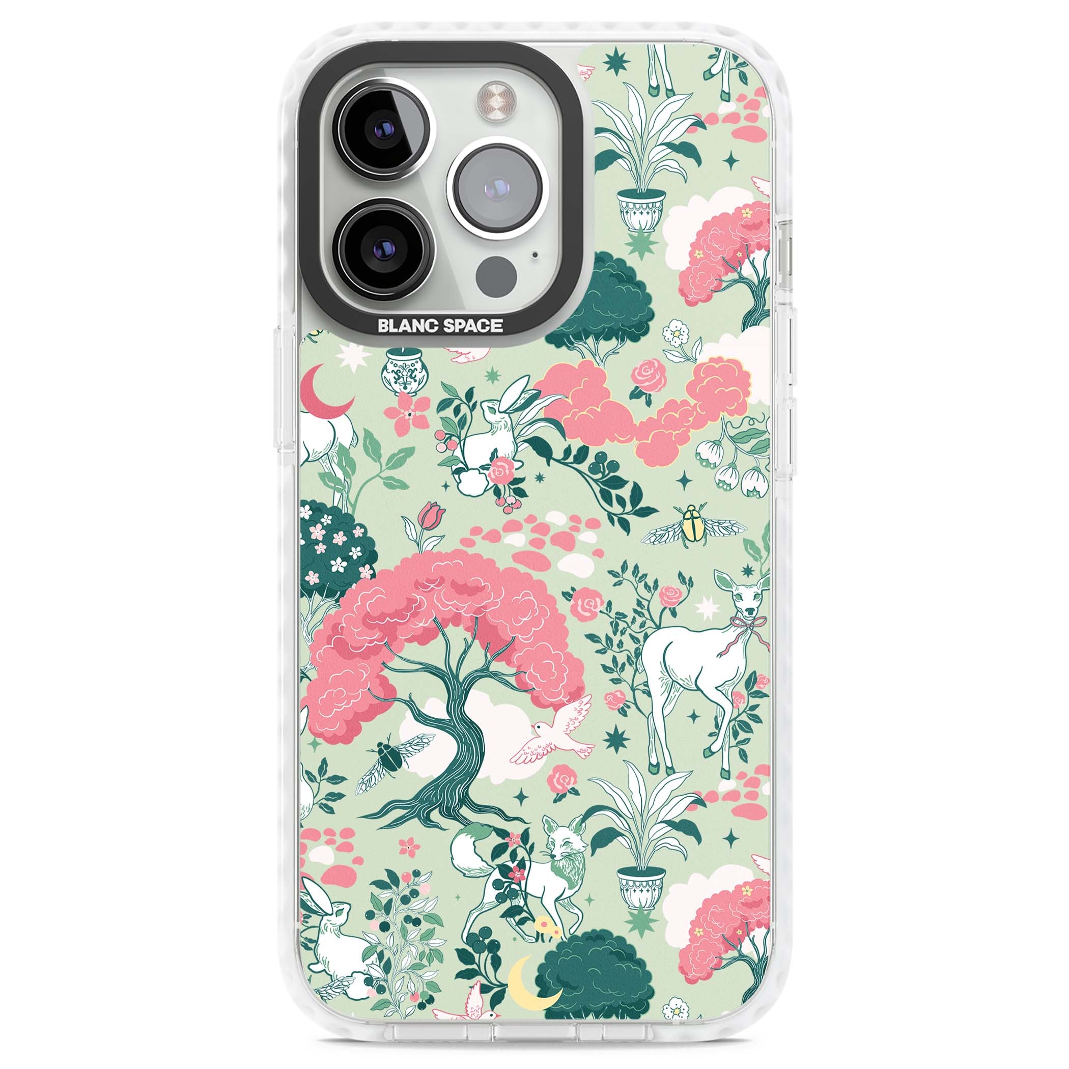 Enchanted Woodland cottagecore iPhone case featuring white deer, pink roses, mushrooms and woodland animals on sage green | Clear Impact case for iPhone 13 Pro, iPhone 14 Pro, iPhone 15 Pro