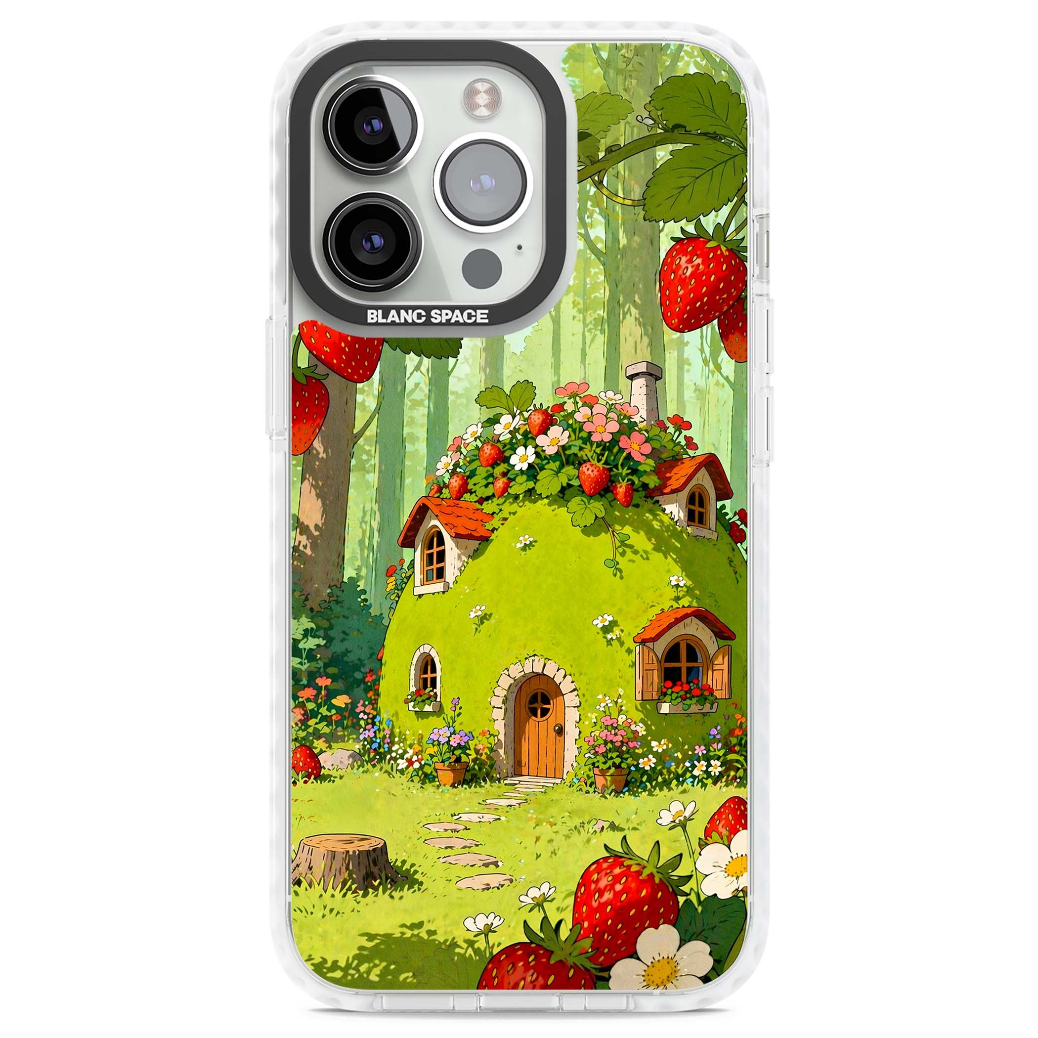 Strawberry Cottage cottagecore iPhone case featuring a green fairy house, wild strawberries and enchanted forest flowers | Clear Impact case for iPhone 13 Pro, iPhone 14 Pro, iPhone 15 Pro