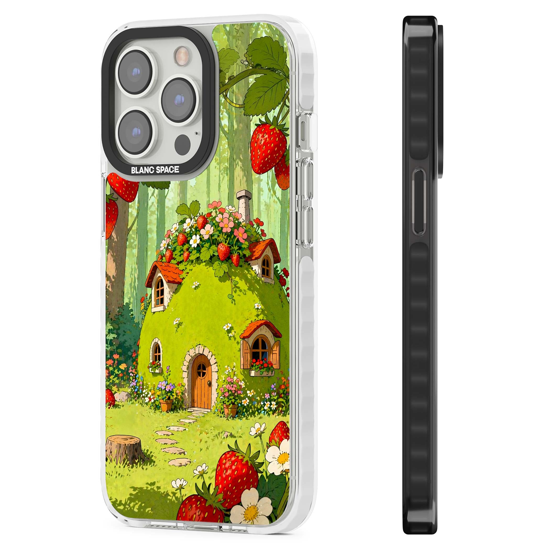 Strawberry Cottage cottagecore iPhone case featuring a green fairy house, wild strawberries and enchanted forest flowers | Clear Impact case for iPhone 13 Pro, iPhone 14 Pro, iPhone 15 Pro
