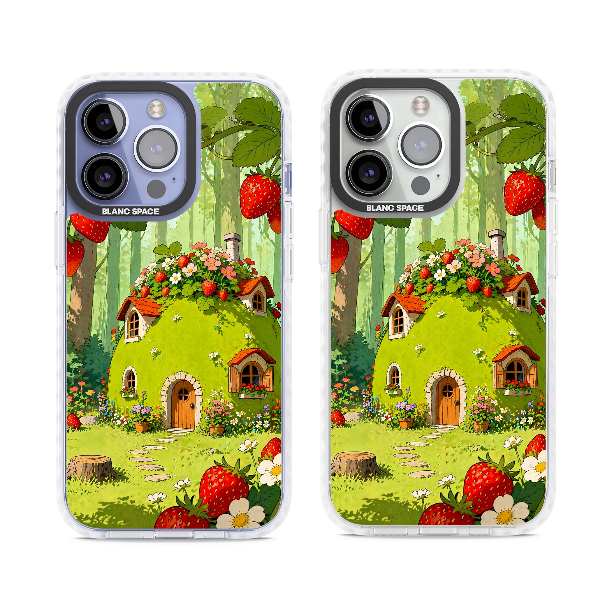 Strawberry Cottage cottagecore iPhone case featuring a green fairy house, wild strawberries and enchanted forest flowers | Clear Impact case for iPhone 13 Pro, iPhone 14 Pro, iPhone 15 Pro