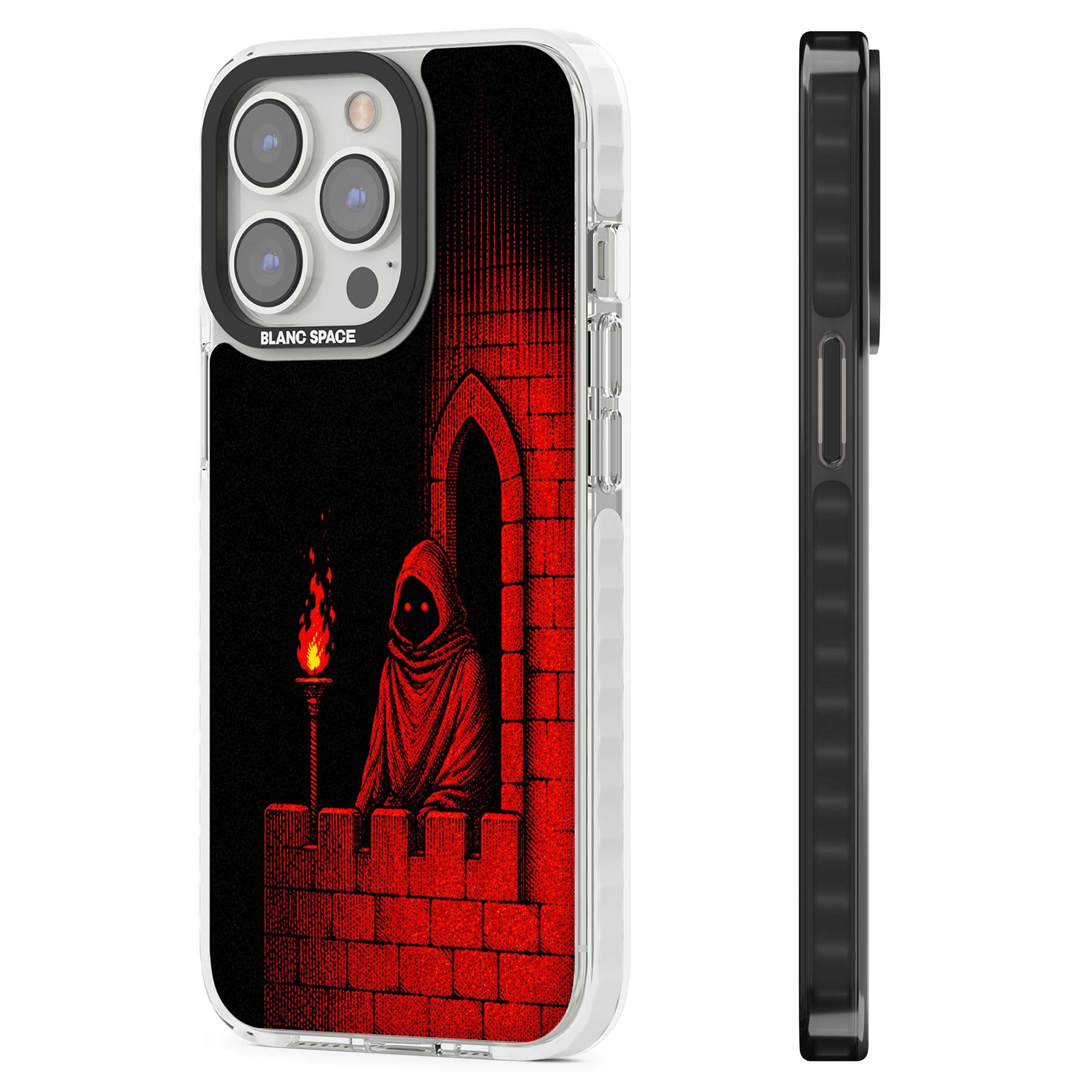 Crimson Crypt gothic iPhone case featuring a hooded reaper, torchlit crypt archway and red halftone horror art | Clear Impact case for iPhone 13 Pro, iPhone 14 Pro, iPhone 15 Pro