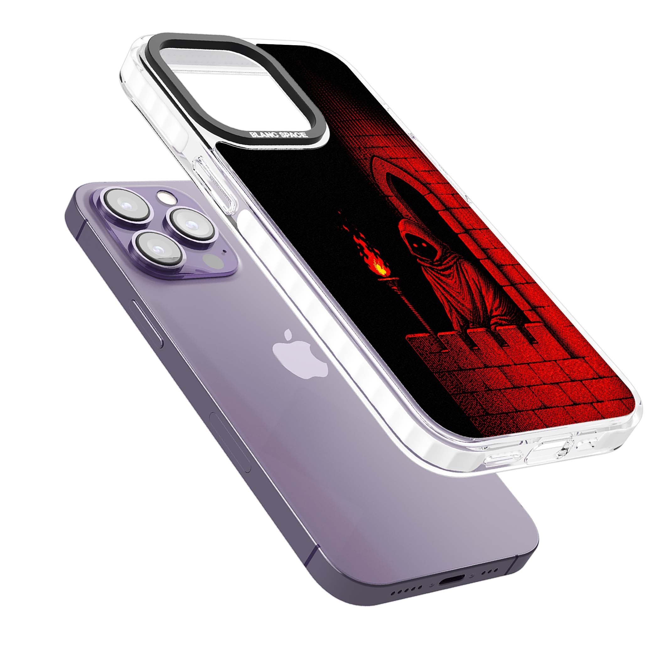 Crimson Crypt gothic iPhone case featuring a hooded reaper, torchlit crypt archway and red halftone horror art | Clear Impact case for iPhone 13 Pro, iPhone 14 Pro, iPhone 15 Pro