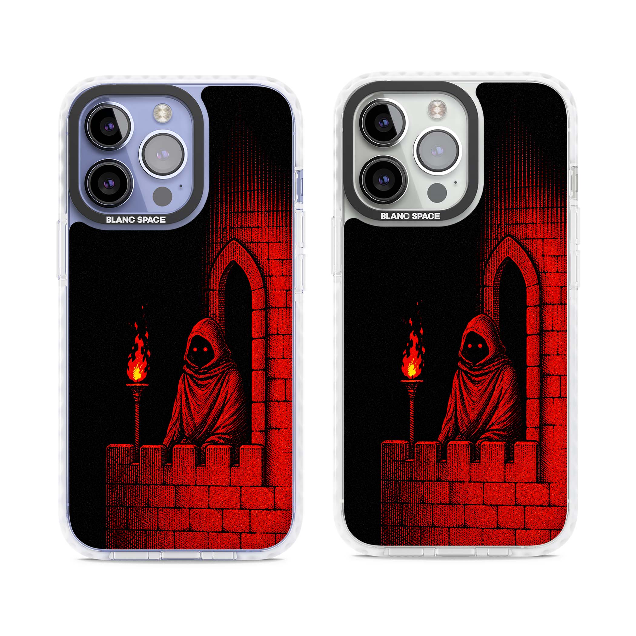 Crimson Crypt gothic iPhone case featuring a hooded reaper, torchlit crypt archway and red halftone horror art | Clear Impact case for iPhone 13 Pro, iPhone 14 Pro, iPhone 15 Pro