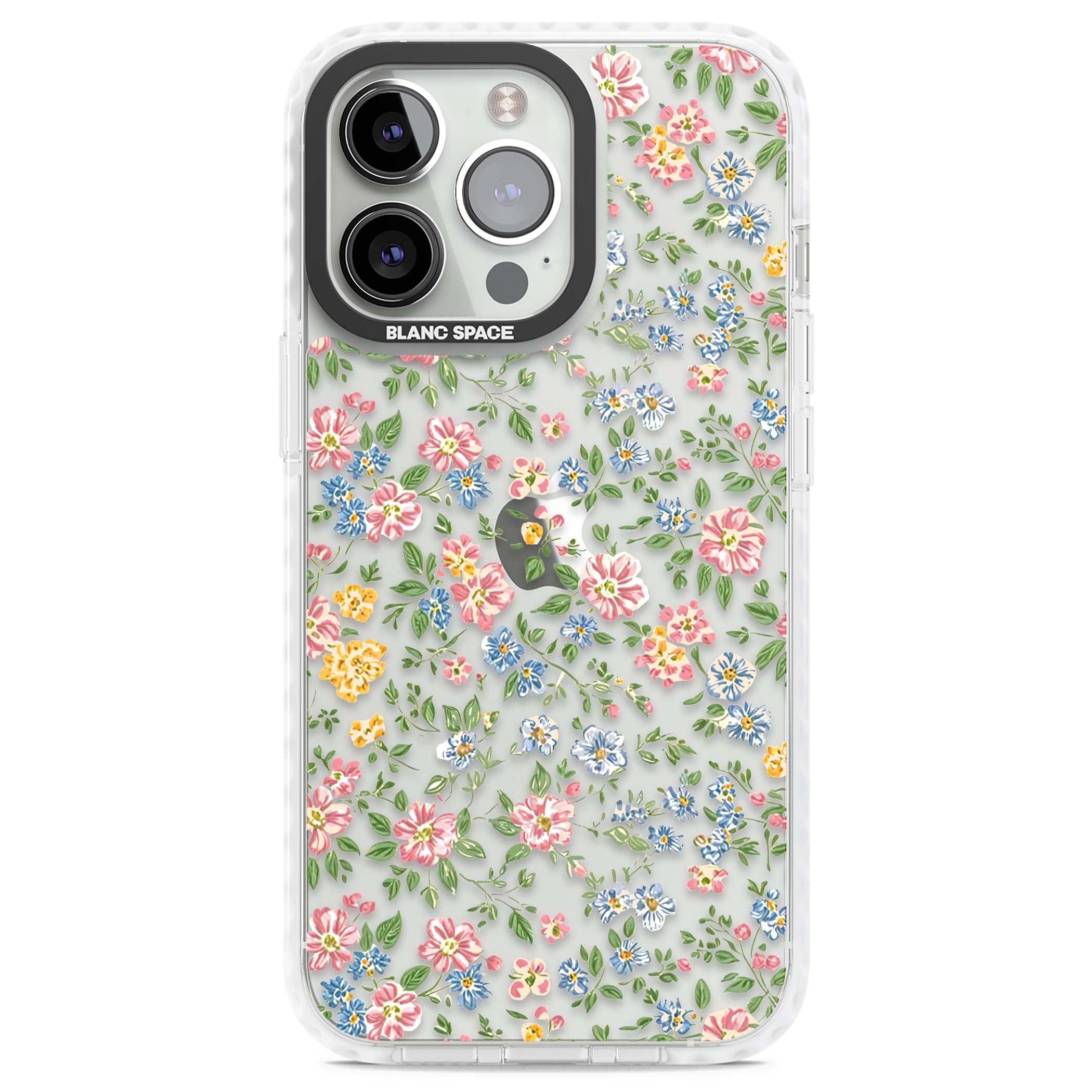 Soft Meadow cottagecore iPhone case featuring pink cosmos, blue forget-me-nots, yellow buttercups and green leaves sca | Clear Impact case for iPhone 13 Pro, iPhone 14 Pro, iPhone 15 Pro