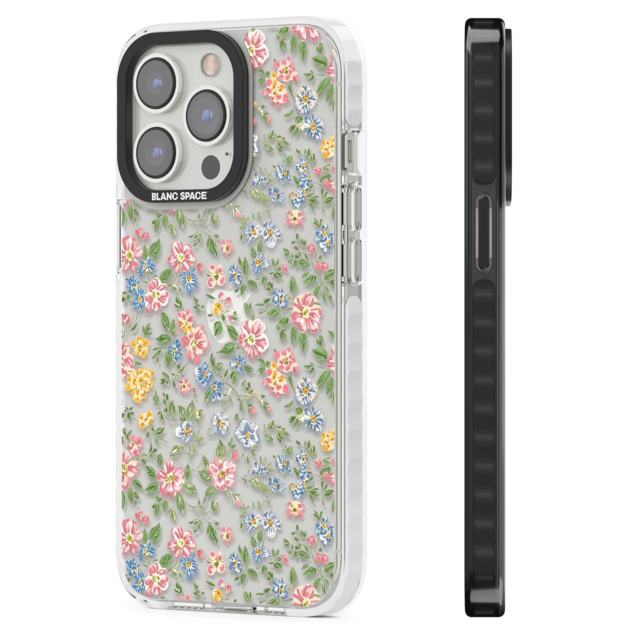 Soft Meadow cottagecore iPhone case featuring pink cosmos, blue forget-me-nots, yellow buttercups and green leaves sca | Clear Impact case for iPhone 13 Pro, iPhone 14 Pro, iPhone 15 Pro