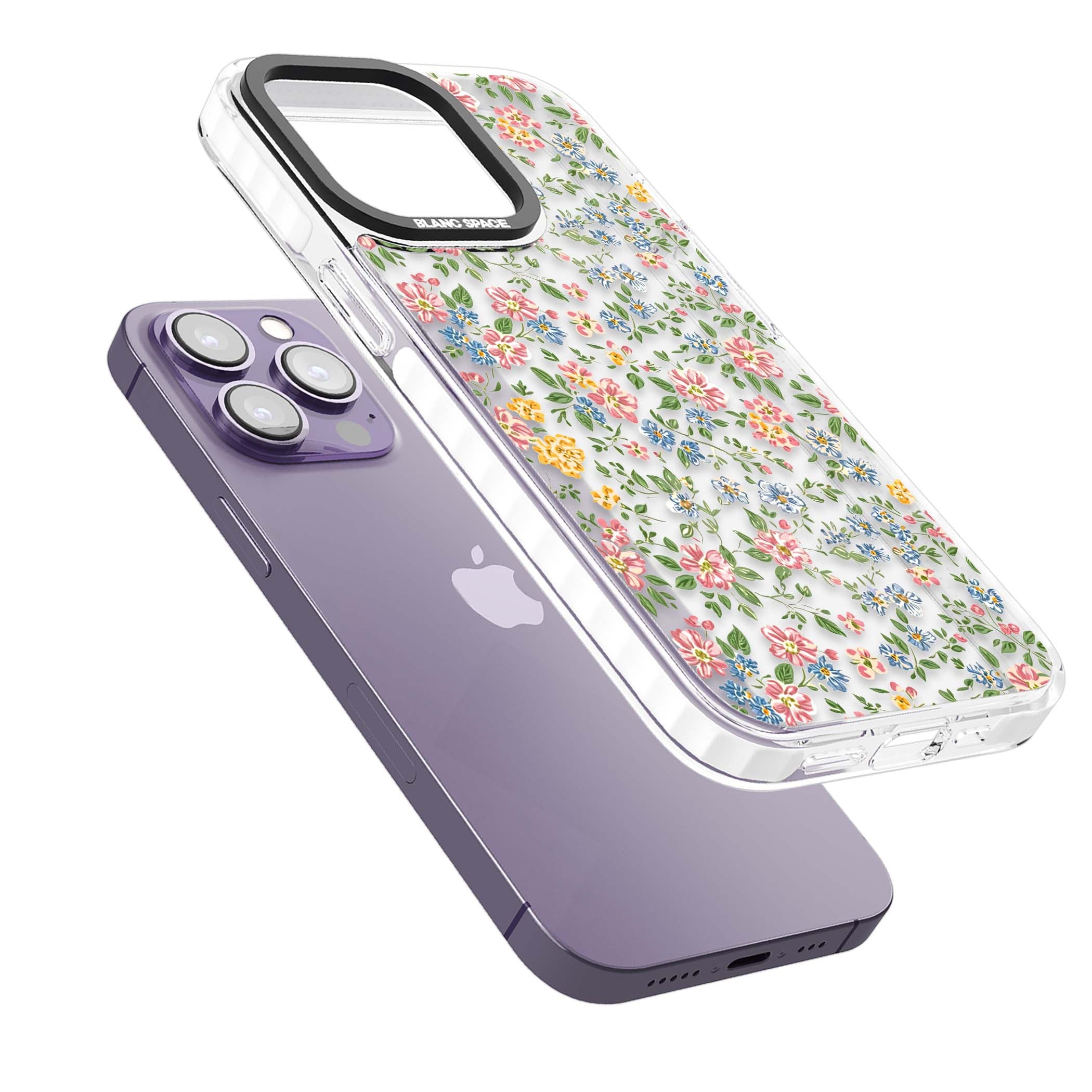 Soft Meadow cottagecore iPhone case featuring pink cosmos, blue forget-me-nots, yellow buttercups and green leaves sca | Clear Impact case for iPhone 13 Pro, iPhone 14 Pro, iPhone 15 Pro