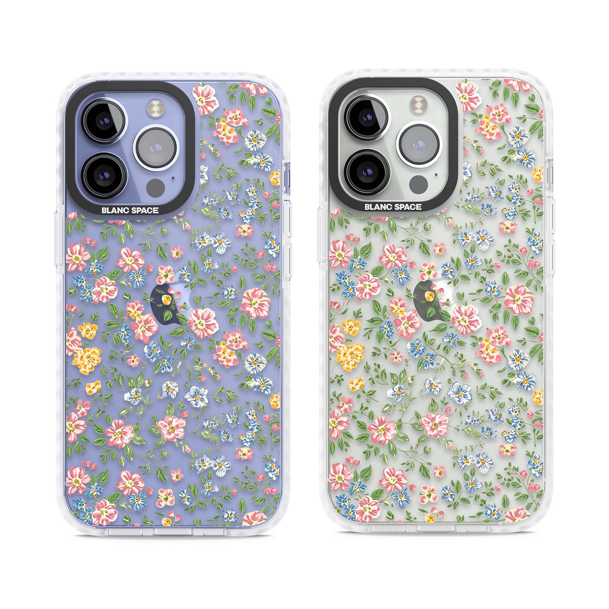 Soft Meadow cottagecore iPhone case featuring pink cosmos, blue forget-me-nots, yellow buttercups and green leaves sca | Clear Impact case for iPhone 13 Pro, iPhone 14 Pro, iPhone 15 Pro