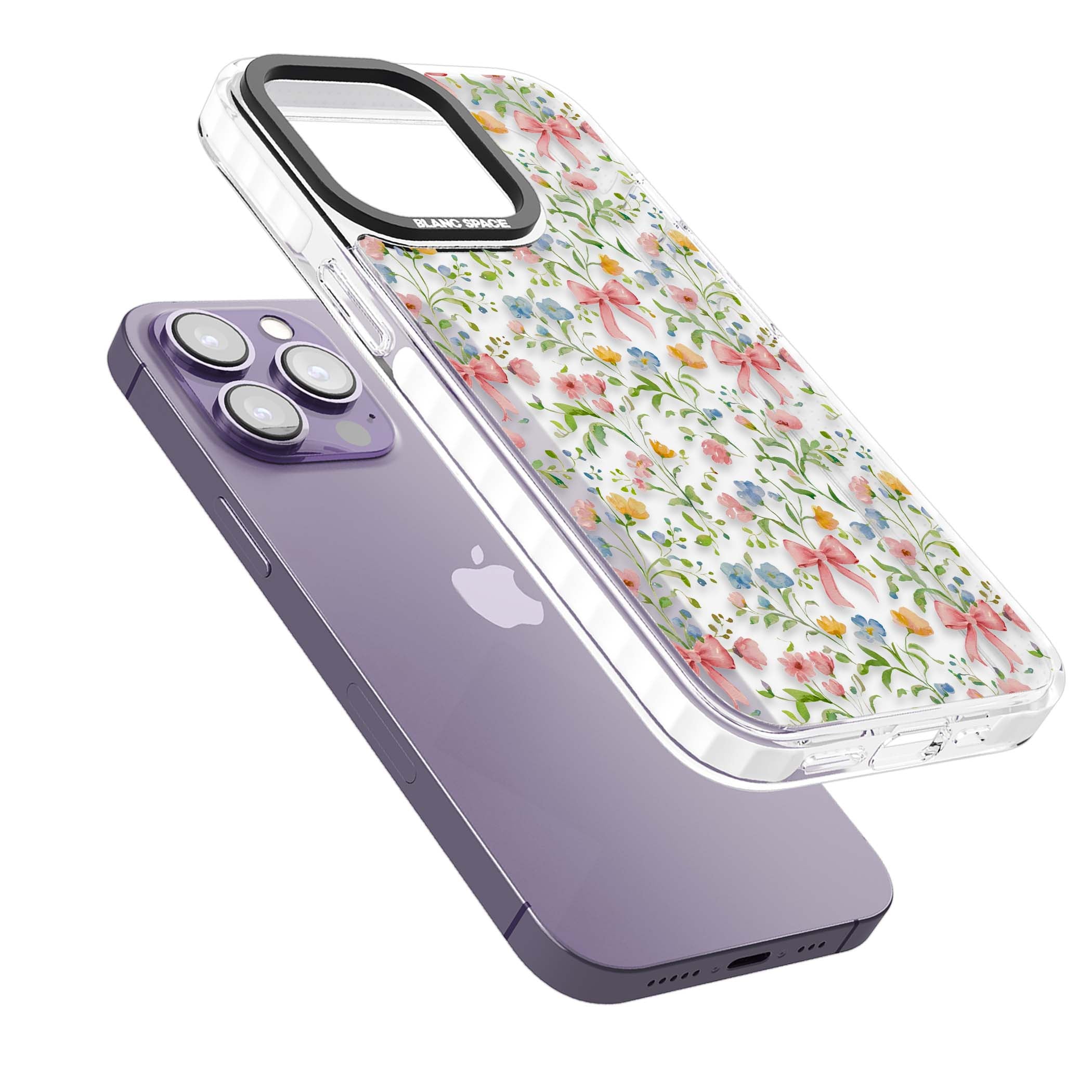 Ribbons & Wildflowers cottagecore iPhone case featuring watercolor wildflowers, pink satin bows, and delicate spring blooms o | Clear Impact case for iPhone 13 Pro, iPhone 14 Pro, iPhone 15 Pro