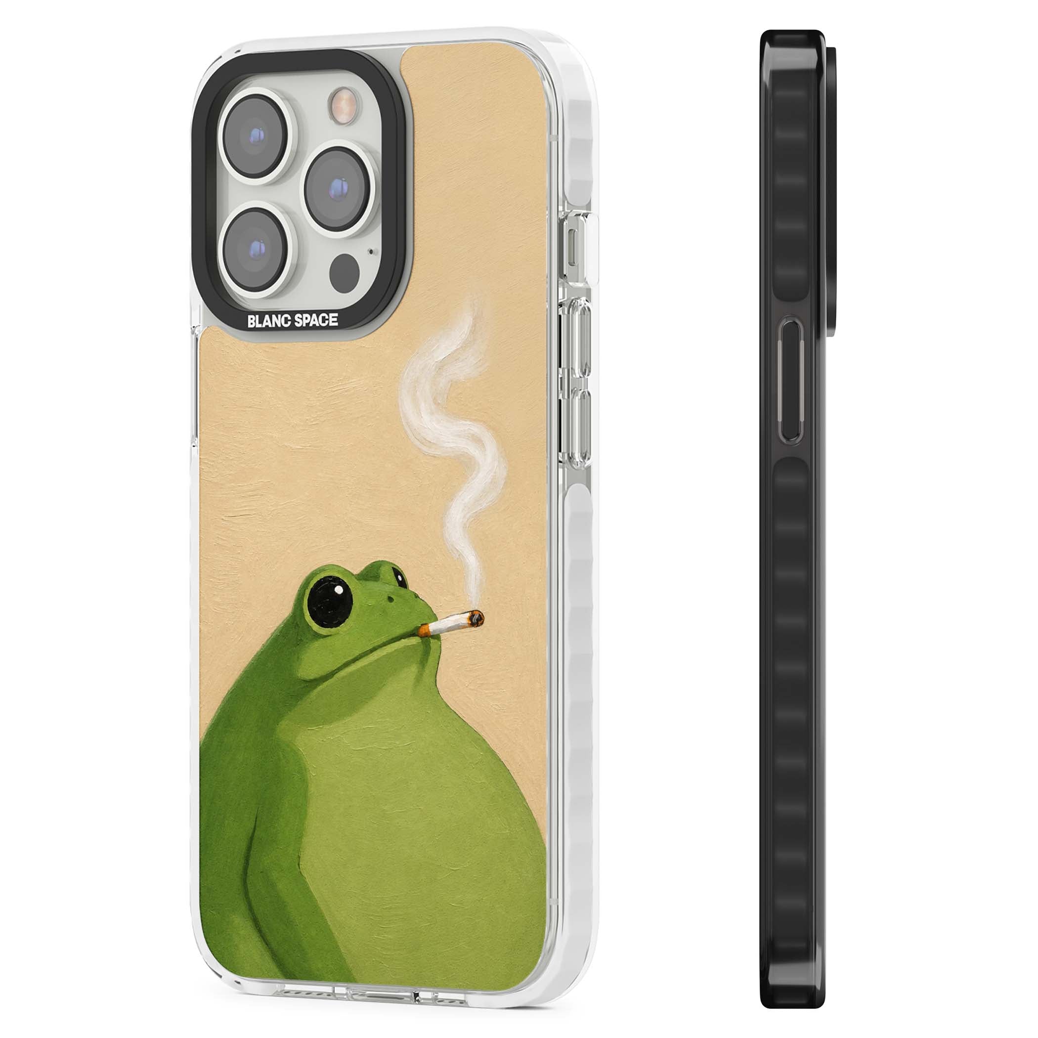 The Smoking Frog cottagecore iPhone case featuring a hand-painted green frog smoking a cigarette on a cream oil painting back | Clear Impact case for iPhone 13 Pro, iPhone 14 Pro, iPhone 15 Pro