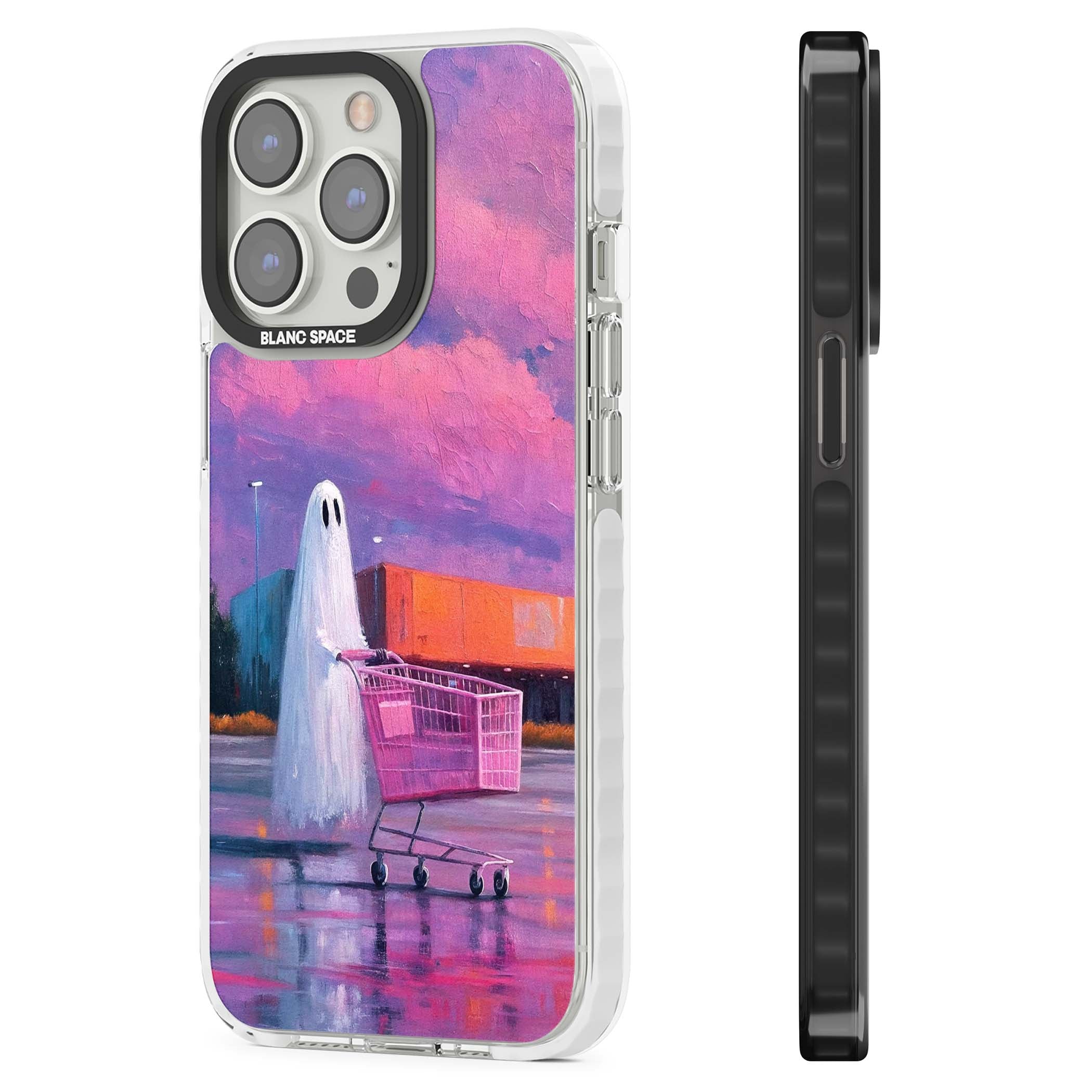 A Ghost's Errand ghost halloween iPhone case featuring a painted ghost, pink shopping trolley and purple sunset sky | Clear Impact case for iPhone 13 Pro, iPhone 14 Pro, iPhone 15 Pro
