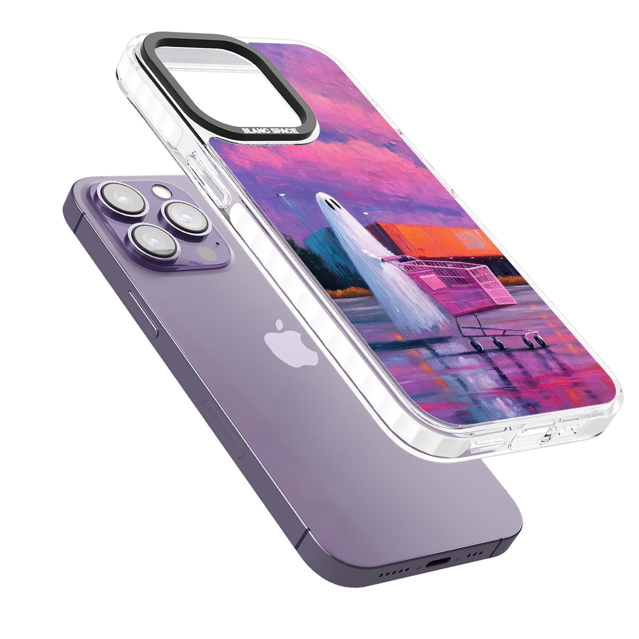 A Ghost's Errand ghost halloween iPhone case featuring a painted ghost, pink shopping trolley and purple sunset sky | Clear Impact case for iPhone 13 Pro, iPhone 14 Pro, iPhone 15 Pro