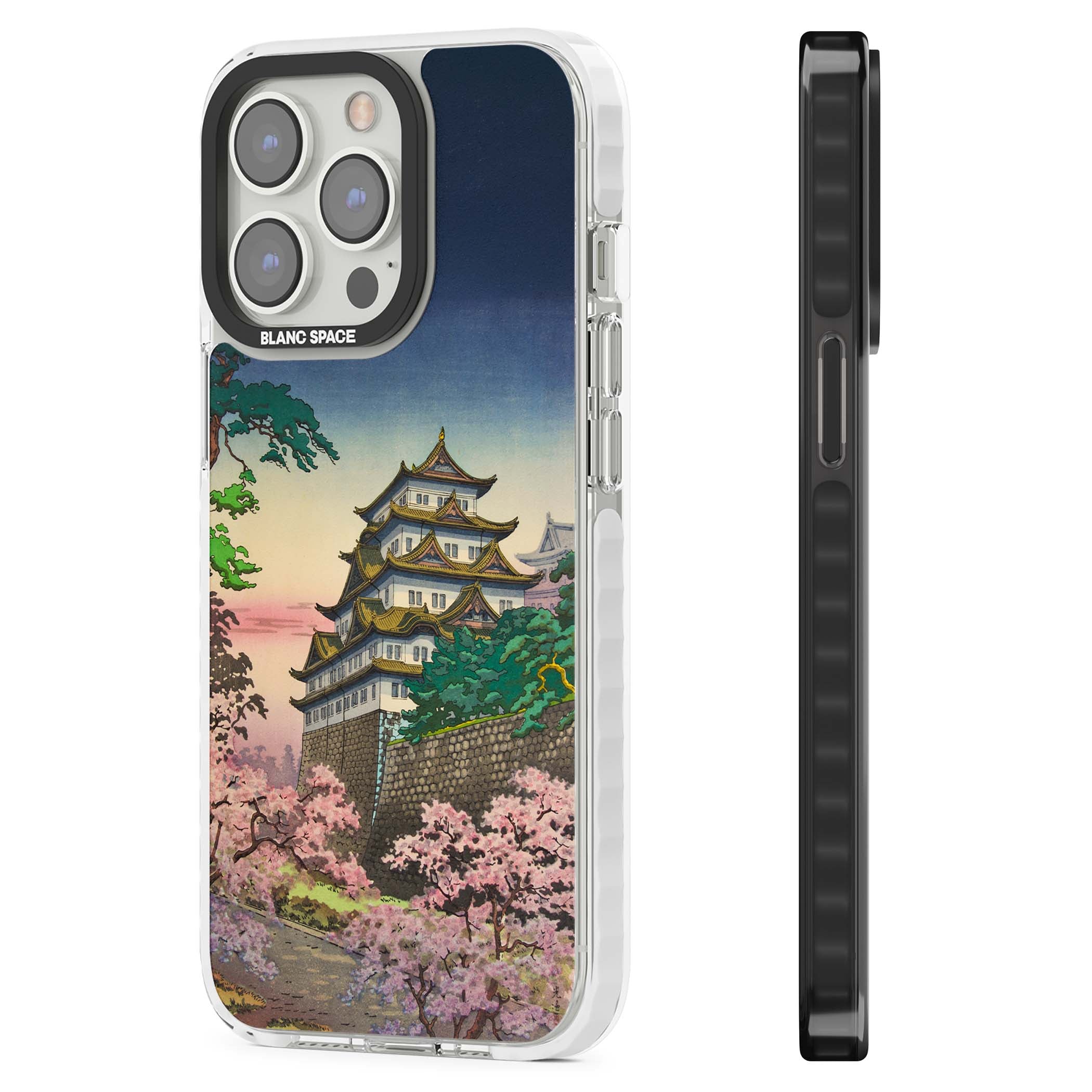 Nagoya Castle Japanese iPhone case featuring a vintage pagoda, twilight sky and cherry blossom trees | Clear Impact case for iPhone 13 Pro, iPhone 14 Pro, iPhone 15 Pro