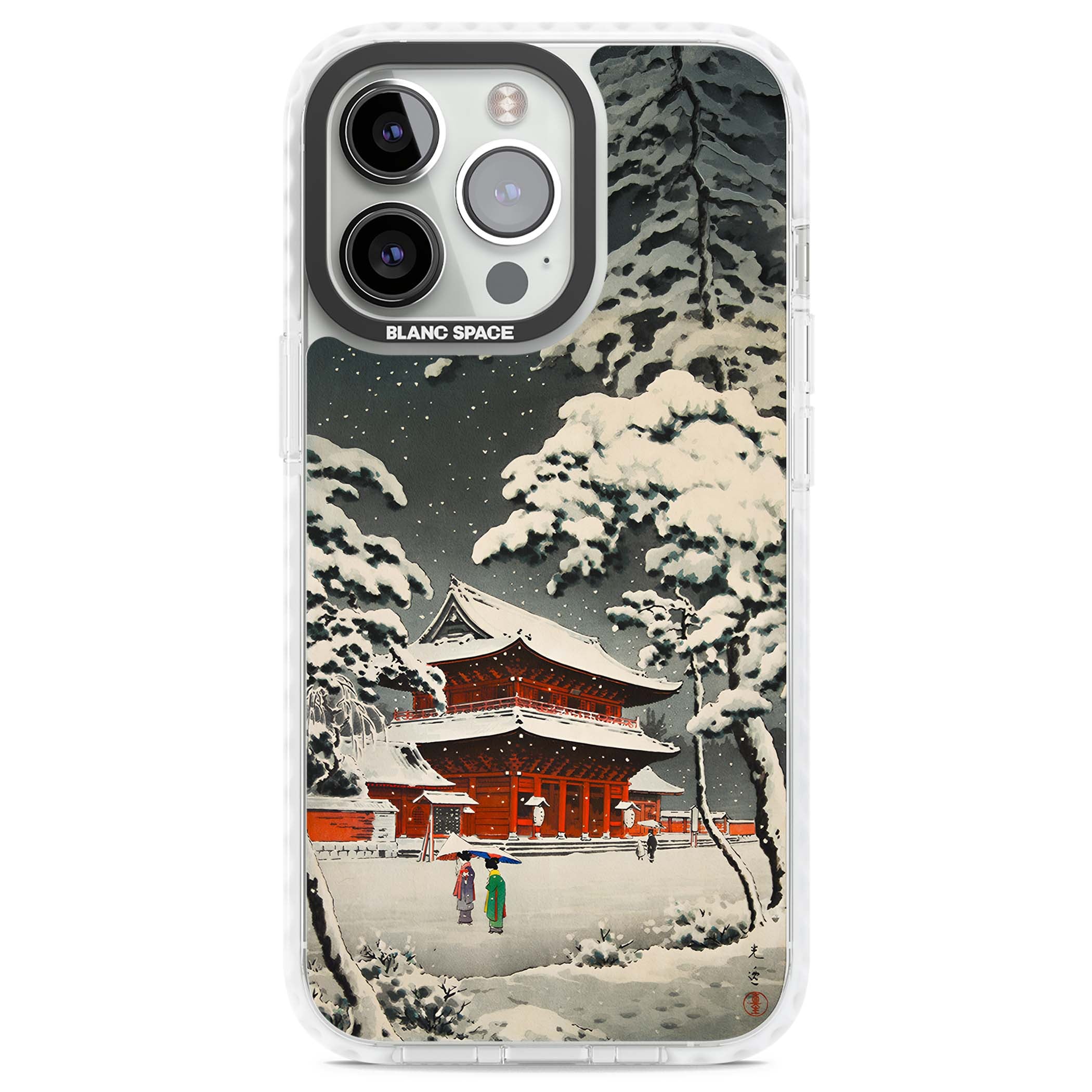 Snow at Shiha Park, Tokyo Japanese art iPhone case featuring a vintage ukiyo-e snowy temple, red pagoda, and snow-covered pin | Clear Impact case for iPhone 13 Pro, iPhone 14 Pro, iPhone 15 Pro