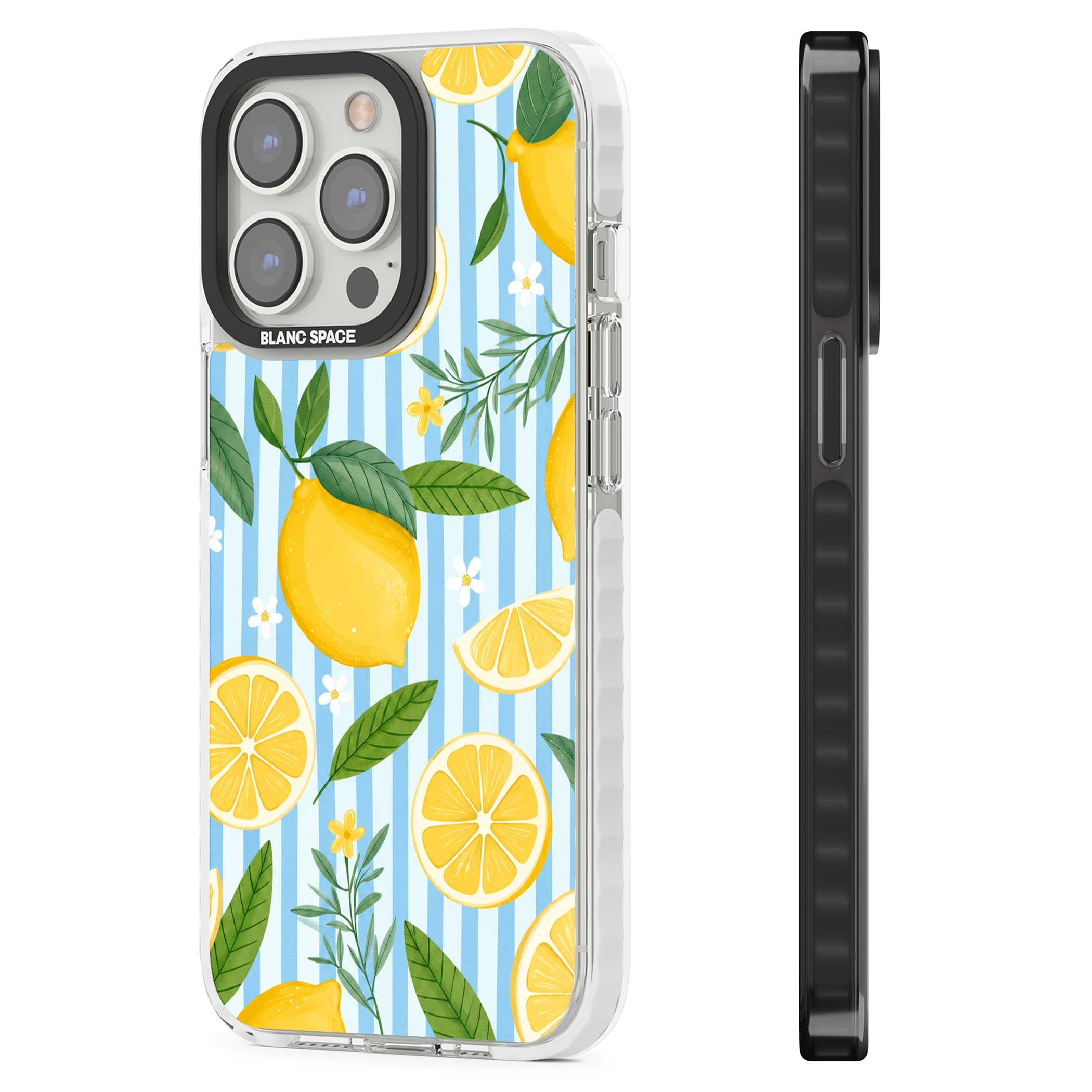 Capri Citrus Stripe coastal iPhone case featuring yellow lemons, blue stripes, and white daisy blossoms | Clear Impact case for iPhone 13 Pro, iPhone 14 Pro, iPhone 15 Pro
