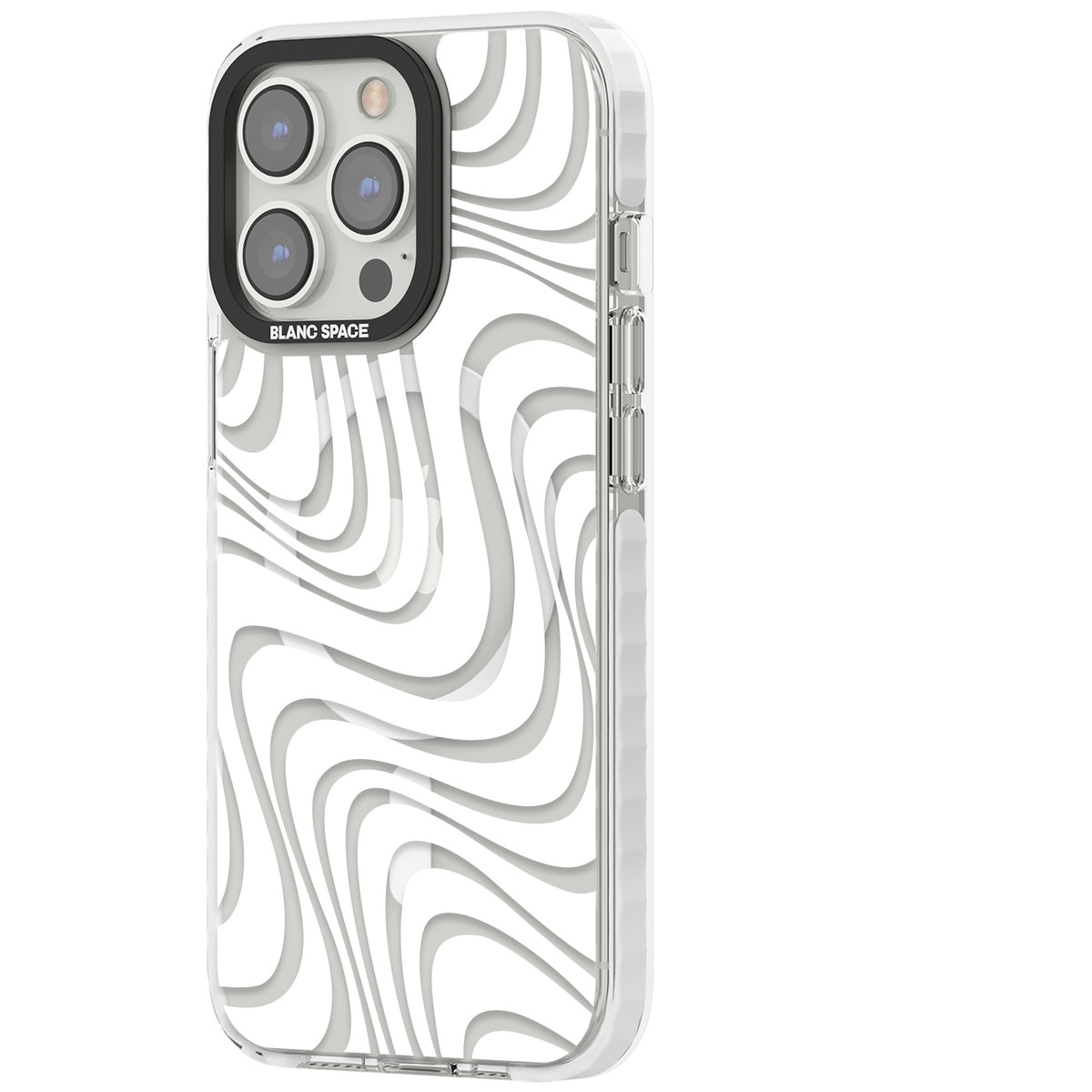 White Abstract Waves iPhone 13 Pro / iPhone 13 Pro Max / iPhone 14 Pro / iPhone 14 Pro Max / iPhone 15 Pro / iPhone 15 Pro Max Impact Pro Clear Phone Case side