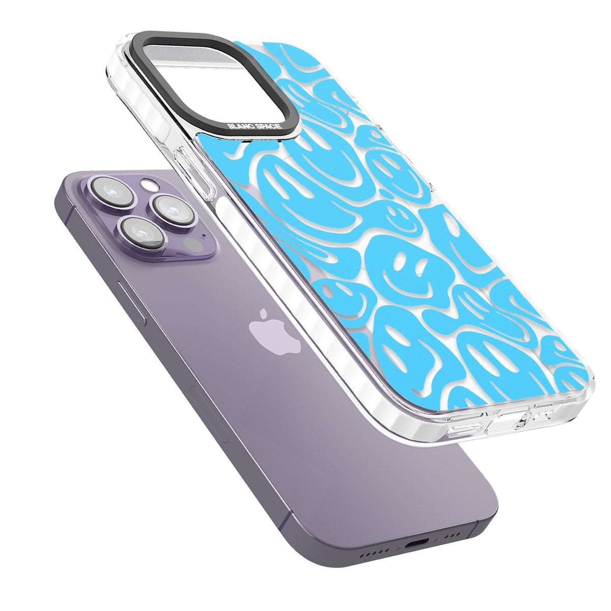Blue Acid Faces iPhone 13 Pro / iPhone 13 Pro Max / iPhone 14 Pro / iPhone 14 Pro Max / iPhone 15 Pro / iPhone 15 Pro Max Impact Pro Clear Phone Case angled