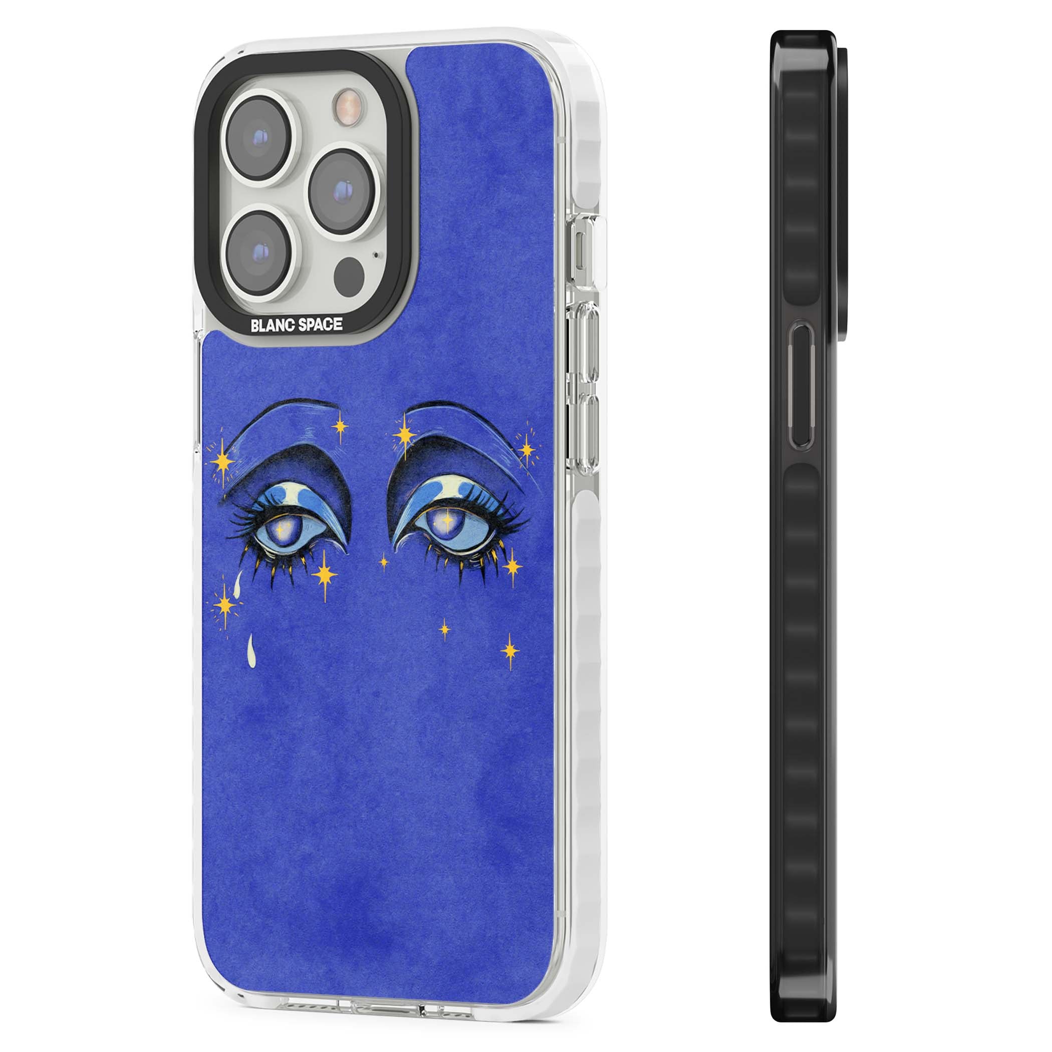 Blue Mystic Eyes celestial iPhone case featuring hand drawn blue mystical eyes, golden stars and a painted tear on indigo | Impact Magsafe case for iPhone 13 Pro, iPhone 14 Pro, iPhone 15 Pro