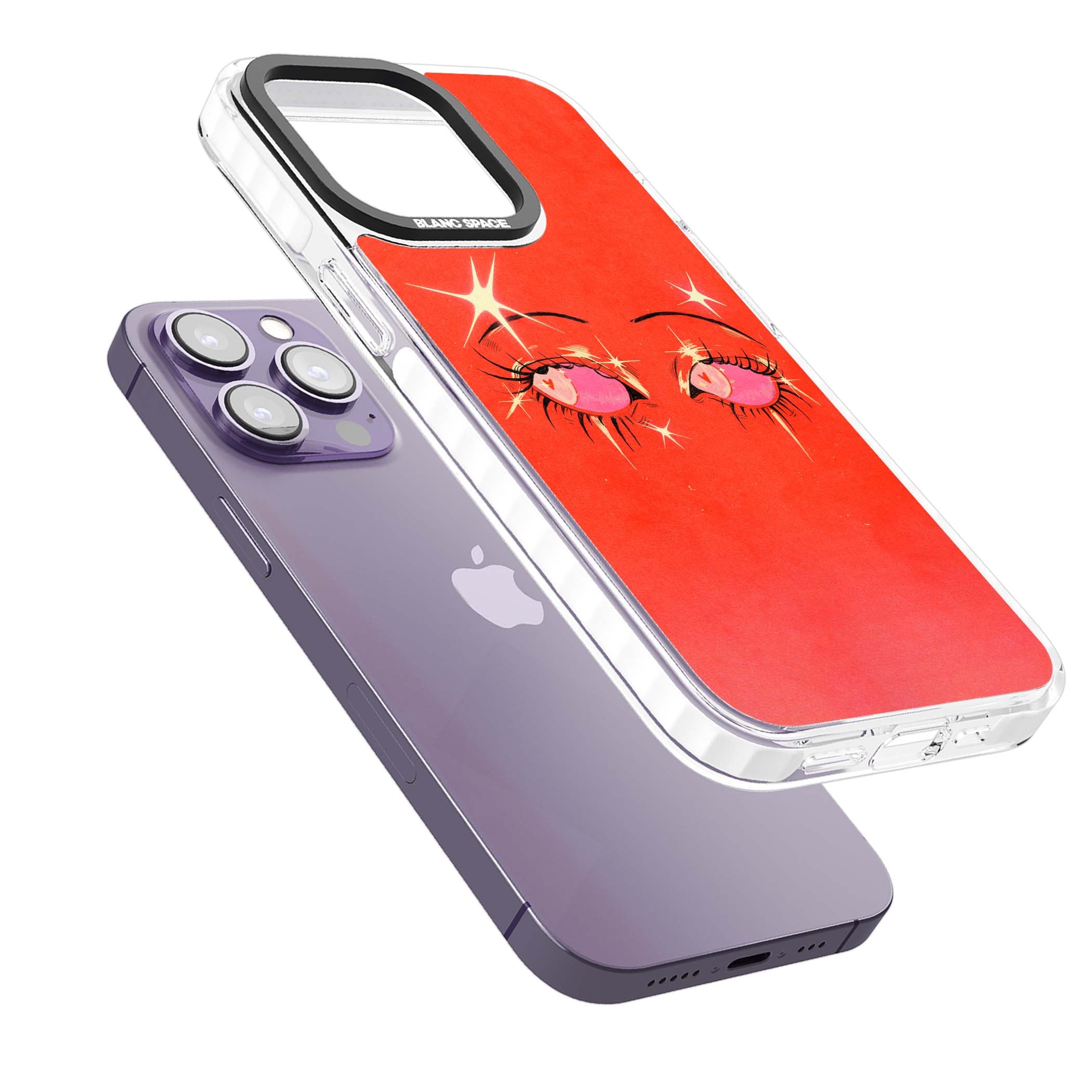 Pink Ethereal Eyes anime iPhone case featuring hand-drawn sparkly eyes with pink hearts and gold stars on red | Impact Magsafe case for iPhone 13 Pro, iPhone 14 Pro, iPhone 15 Pro