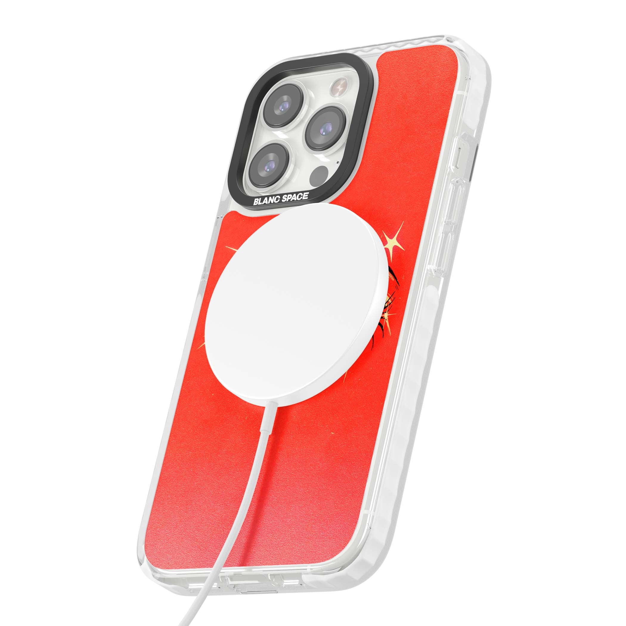 Pink Ethereal Eyes anime iPhone case featuring hand-drawn sparkly eyes with pink hearts and gold stars on red | Impact Magsafe case for iPhone 13 Pro, iPhone 14 Pro, iPhone 15 Pro