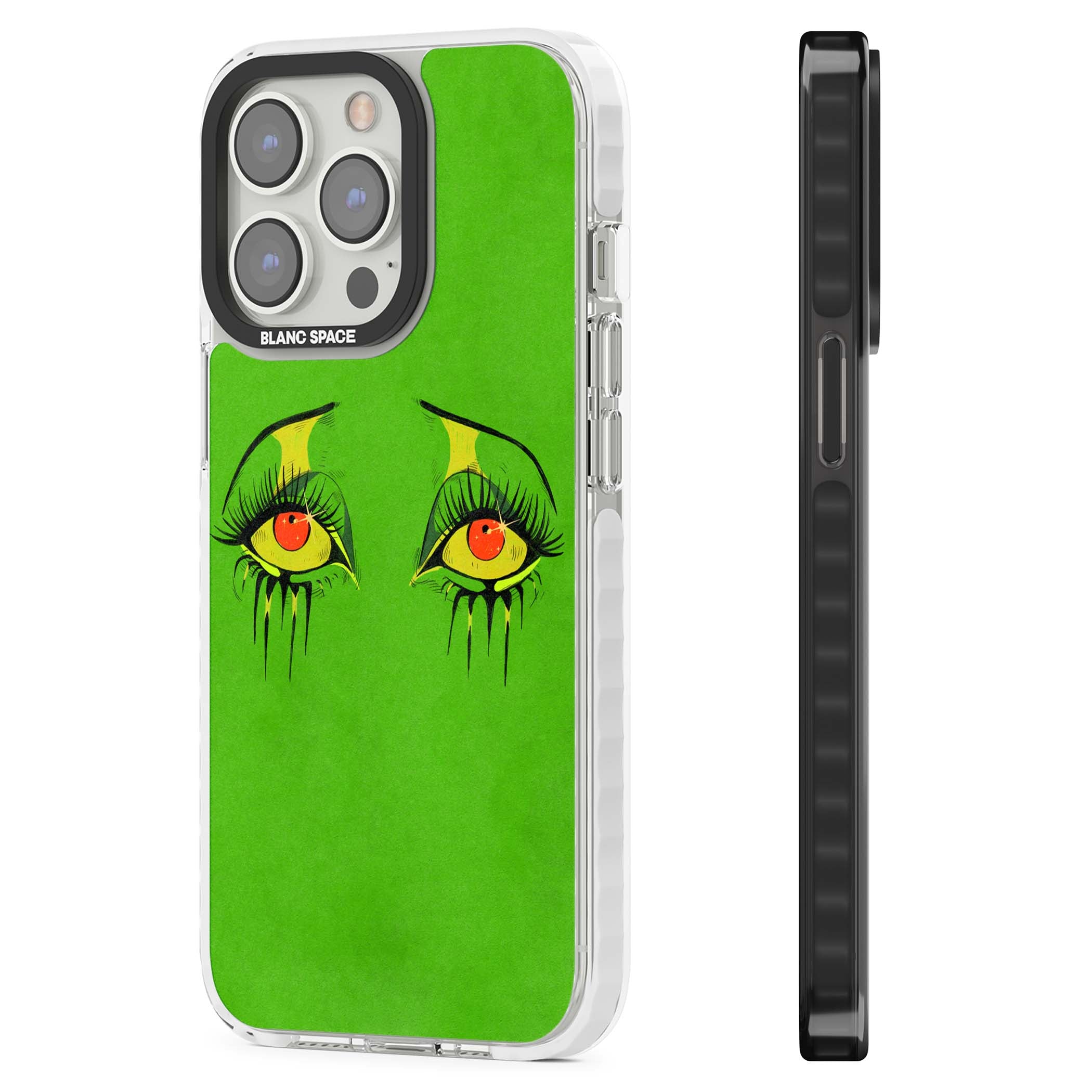 Green Enchanted Eyes psychedelic art iPhone case featuring hand-drawn dripping eyes on neon green background | Impact Magsafe case for iPhone 13 Pro, iPhone 14 Pro, iPhone 15 Pro