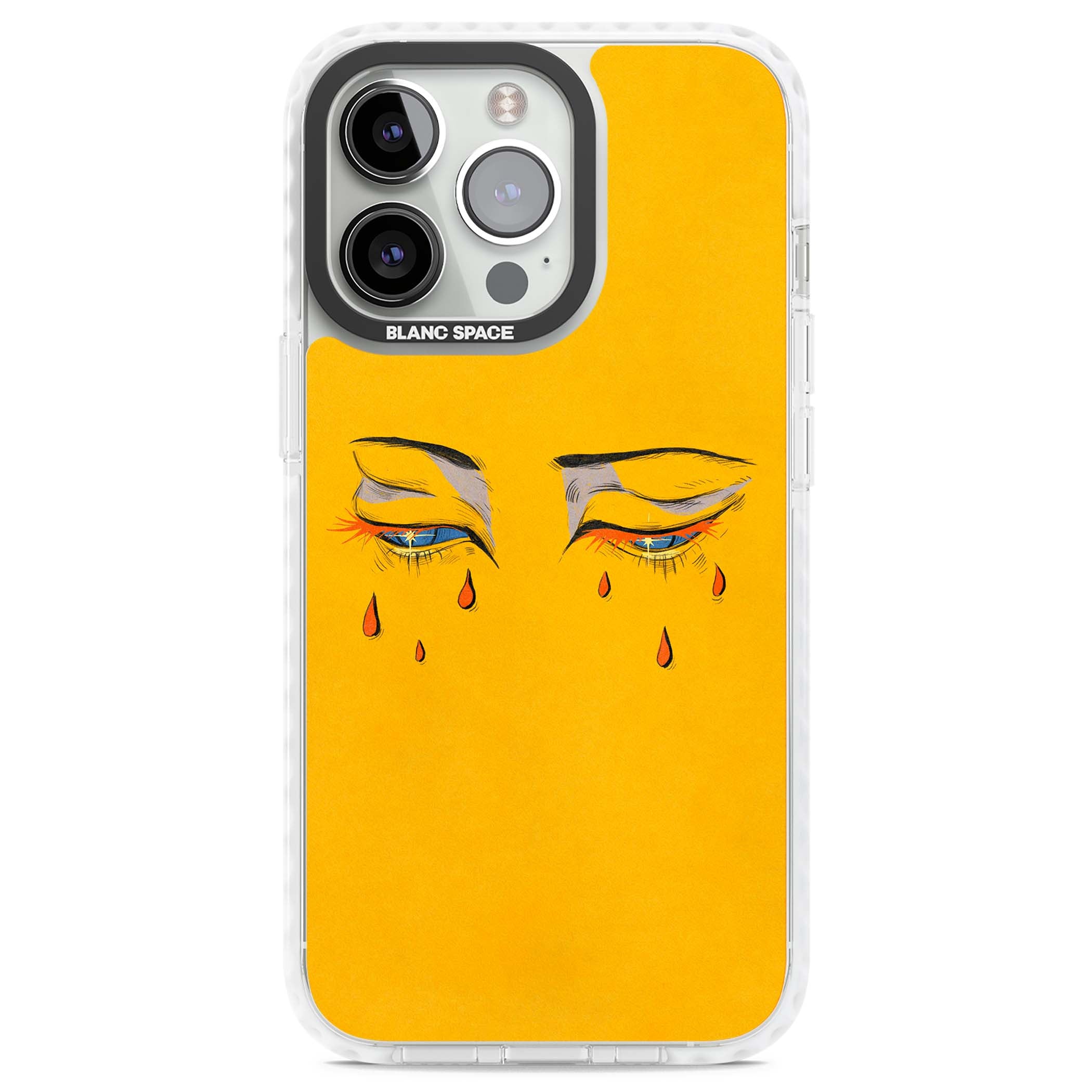 Yellow Tearful Eyes indie iPhone case featuring hand-drawn crying eyes with orange tears on a yellow background | Impact Magsafe case for iPhone 13 Pro, iPhone 14 Pro, iPhone 15 Pro