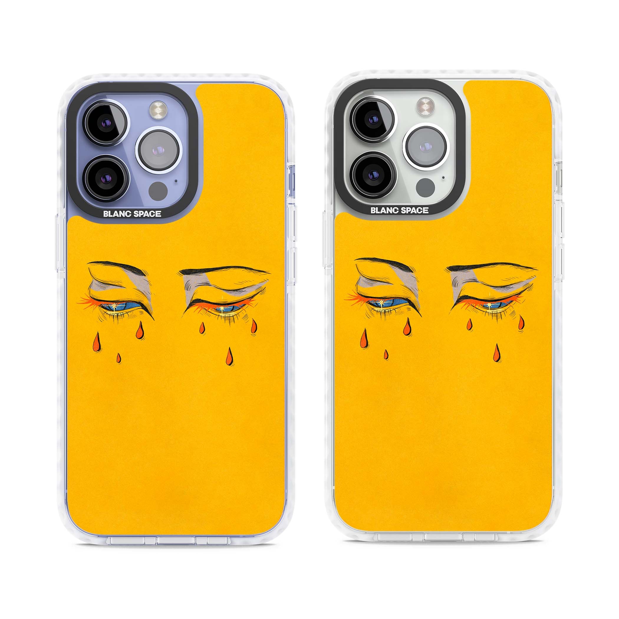 Yellow Tearful Eyes indie iPhone case featuring hand-drawn crying eyes with orange tears on a yellow background | Impact Magsafe case for iPhone 13 Pro, iPhone 14 Pro, iPhone 15 Pro