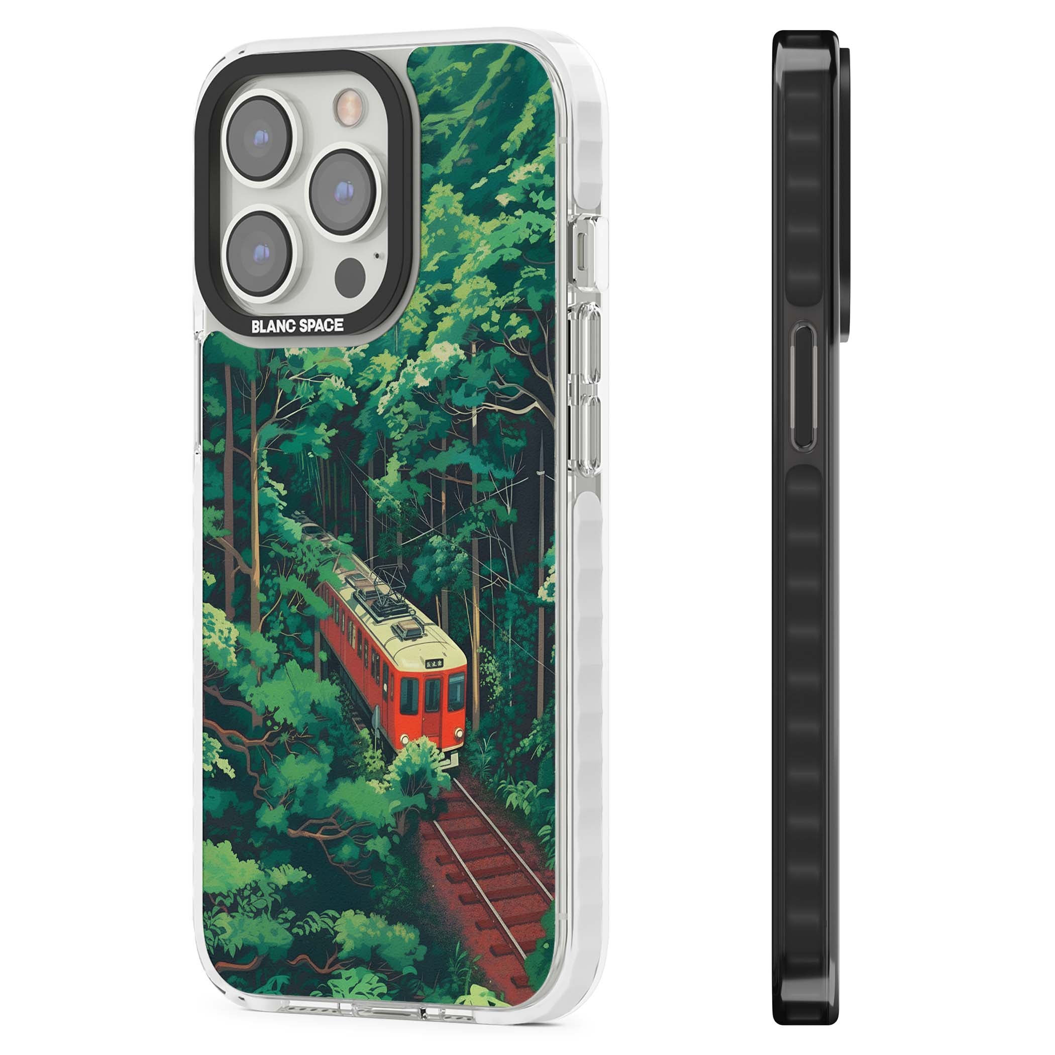 Railway In Toyama Japanese iPhone case featuring a red train, cedar forest and winding mountain railway tracks | Impact Magsafe case for iPhone 13 Pro, iPhone 14 Pro, iPhone 15 Pro