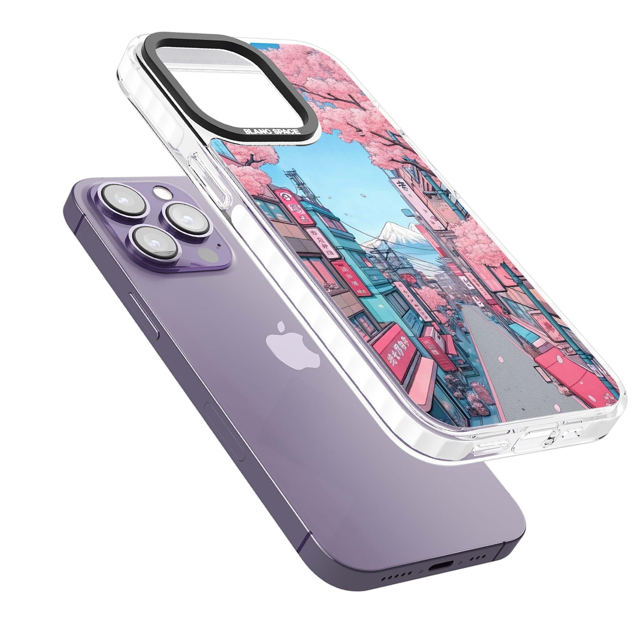 Sakura Lane anime iPhone case featuring Tokyo street scene with cherry blossoms and Mount Fuji | Impact Magsafe case for iPhone 13 Pro, iPhone 14 Pro, iPhone 15 Pro