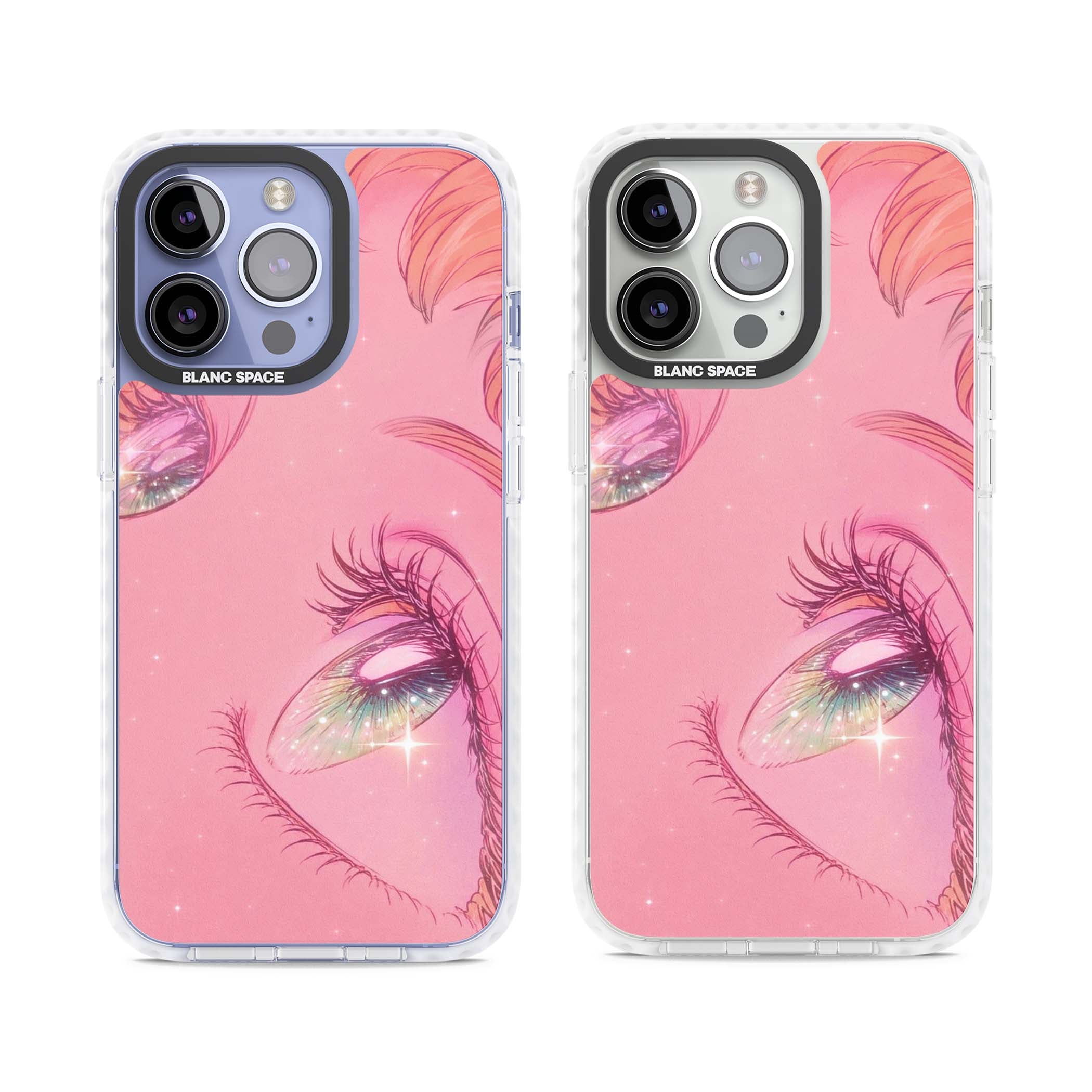 Pink Ethereal Gaze anime iPhone case featuring sparkling manga eyes, coral lashes and dreamy peach sky | Impact Magsafe case for iPhone 13 Pro, iPhone 14 Pro, iPhone 15 Pro