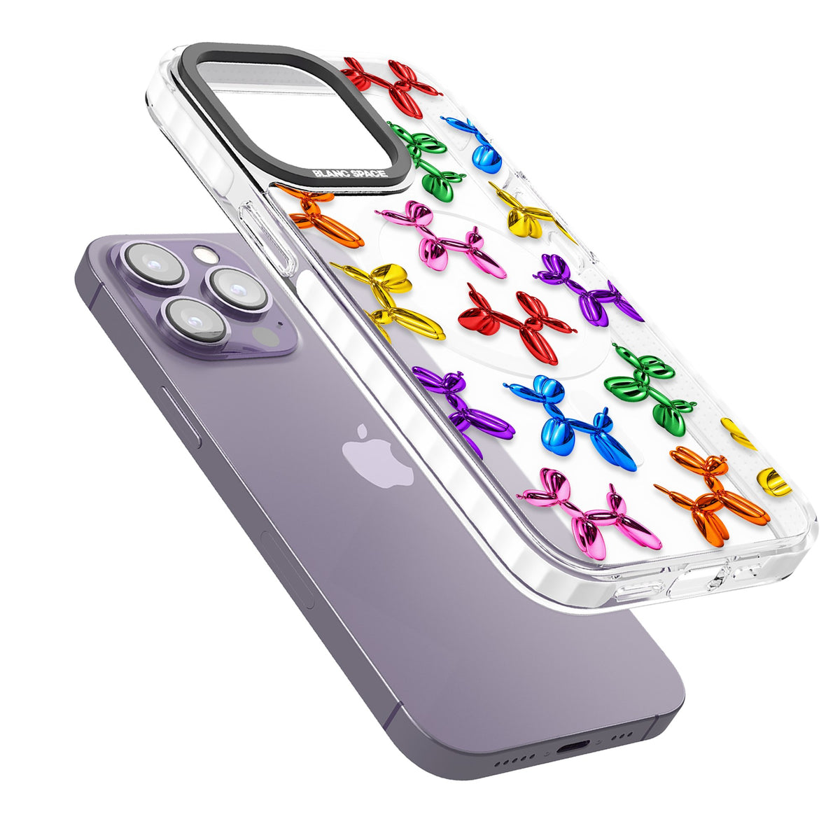 Balloon Dogs iPhone 13 Pro / iPhone 13 Pro Max / iPhone 14 Pro / iPhone 14 Pro Max / iPhone 15 Pro / iPhone 15 Pro Max Impact Pro Clear Phone Case angled