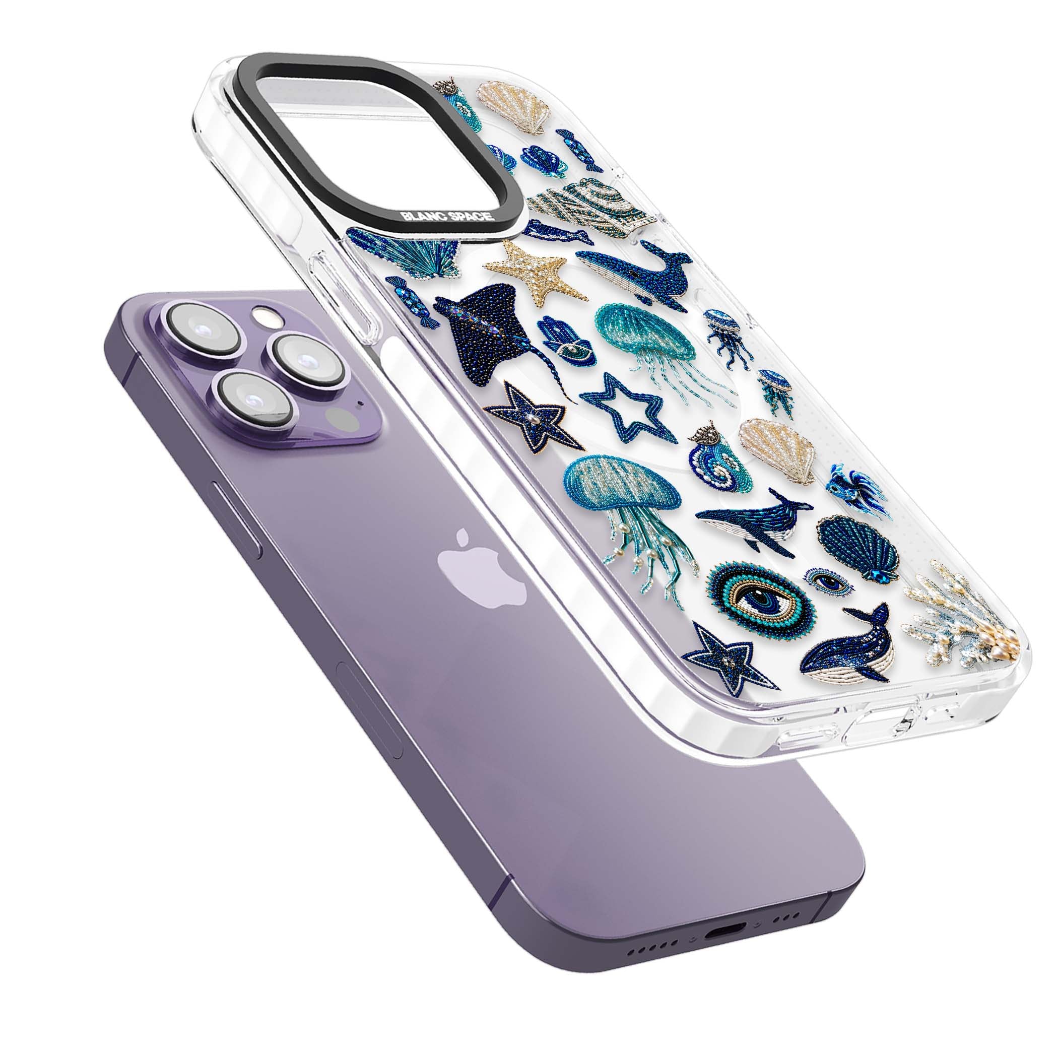 Beaded Coastal coastal iPhone case featuring embroidered seashells, jellyfish and a blue whale on clear | Impact Magsafe case for iPhone 13 Pro, iPhone 14 Pro, iPhone 15 Pro