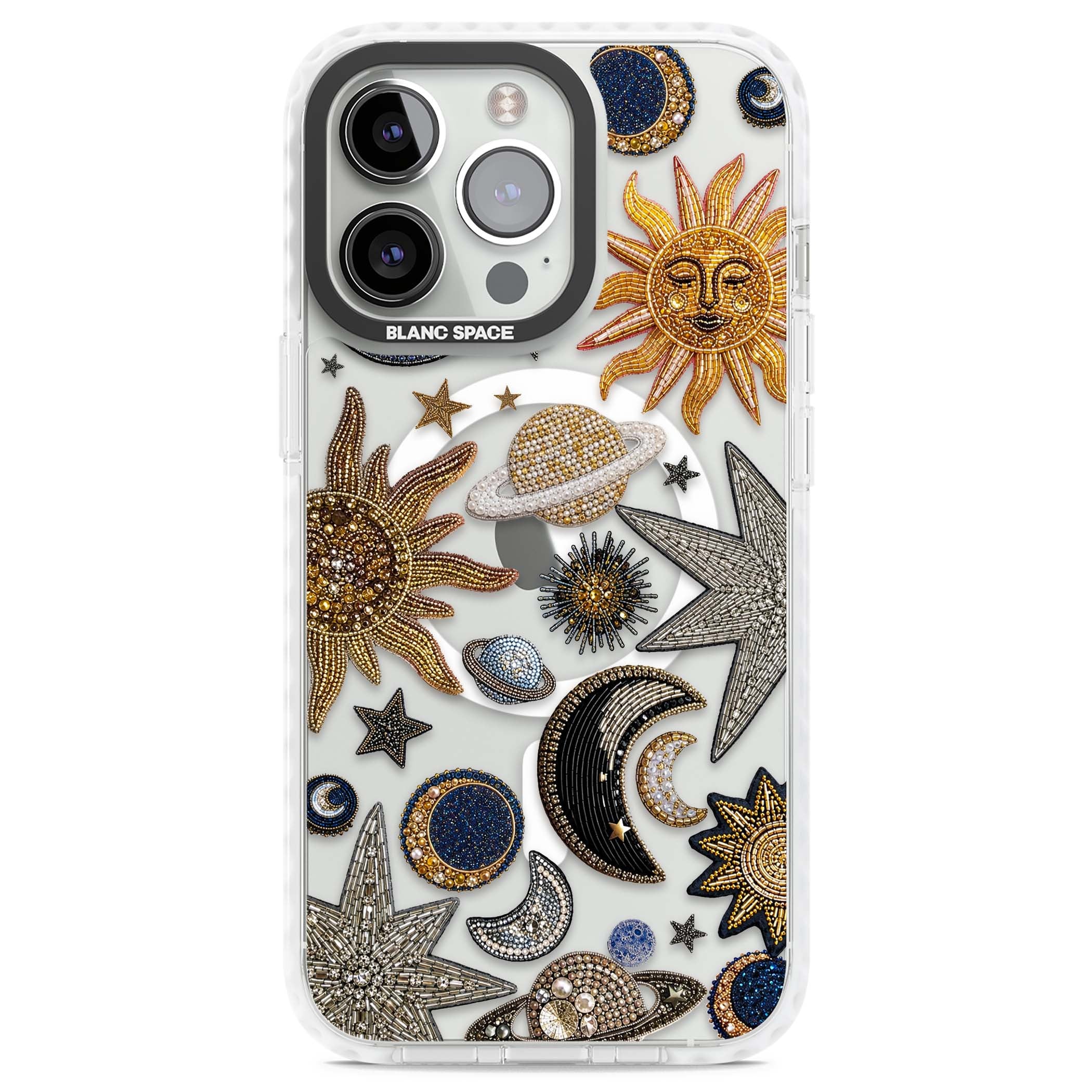 Beaded Cosmos celestial iPhone case featuring embroidered golden suns, beaded planets and silver shooting stars | Impact Magsafe case for iPhone 13 Pro, iPhone 14 Pro, iPhone 15 Pro