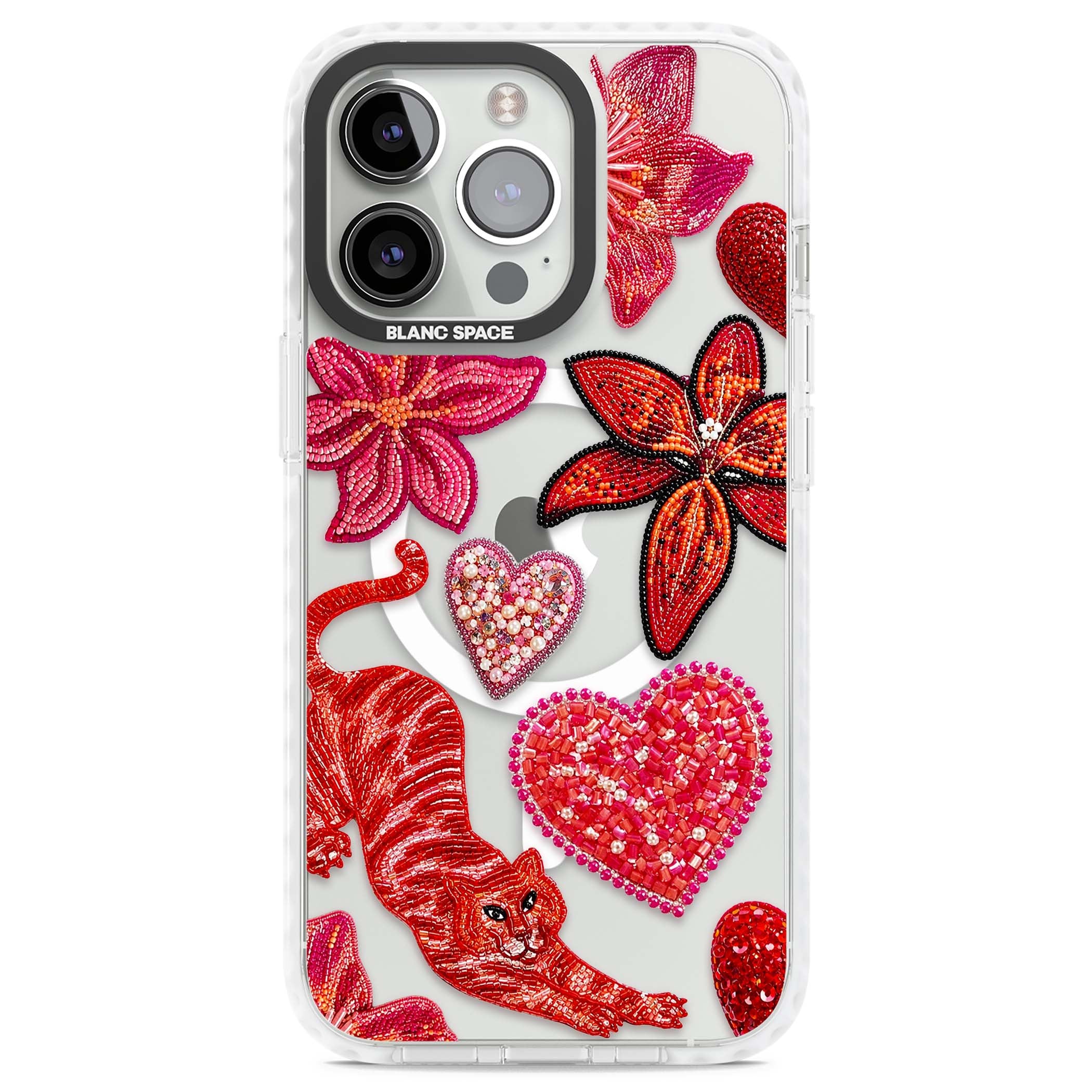Beaded Boho floral iPhone case featuring beaded red lilies, a stitched tiger, and pearl-encrusted hearts on clear | Impact Magsafe case for iPhone 13 Pro, iPhone 14 Pro, iPhone 15 Pro